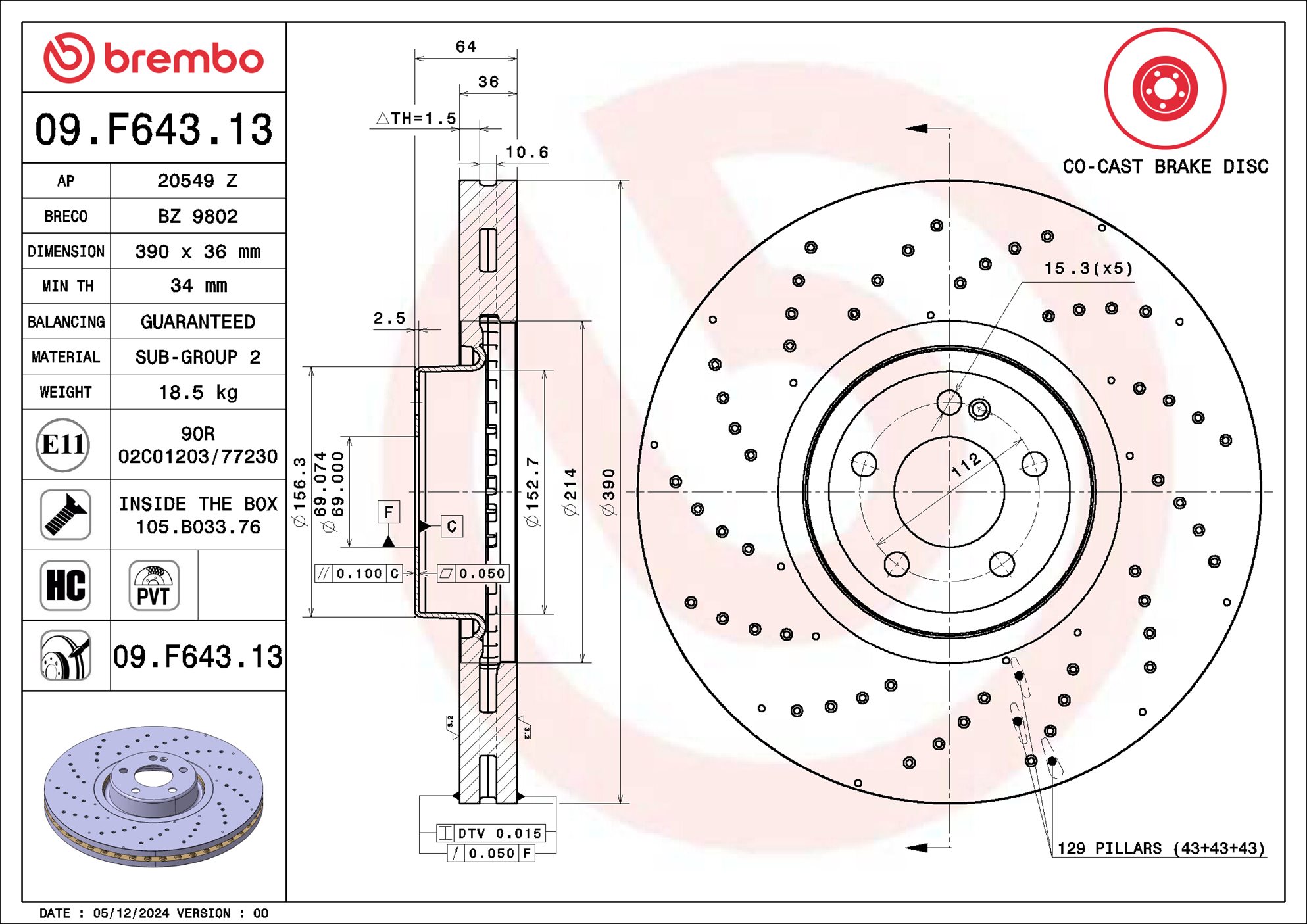 Ilustracja 09.F643.13 BREMBO tarcza hamulcowa