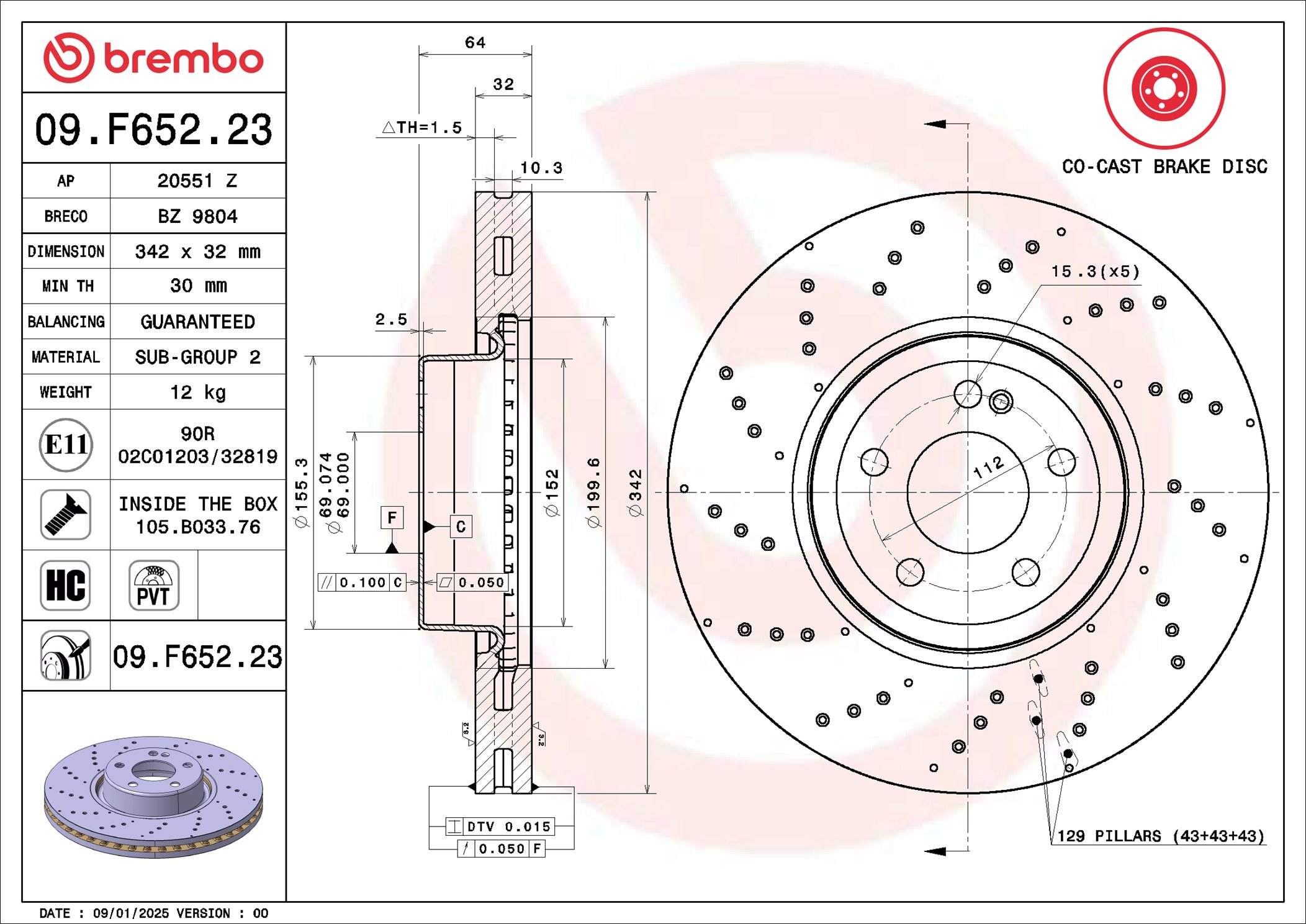 Ilustracja 09.F652.23 BREMBO tarcza hamulcowa