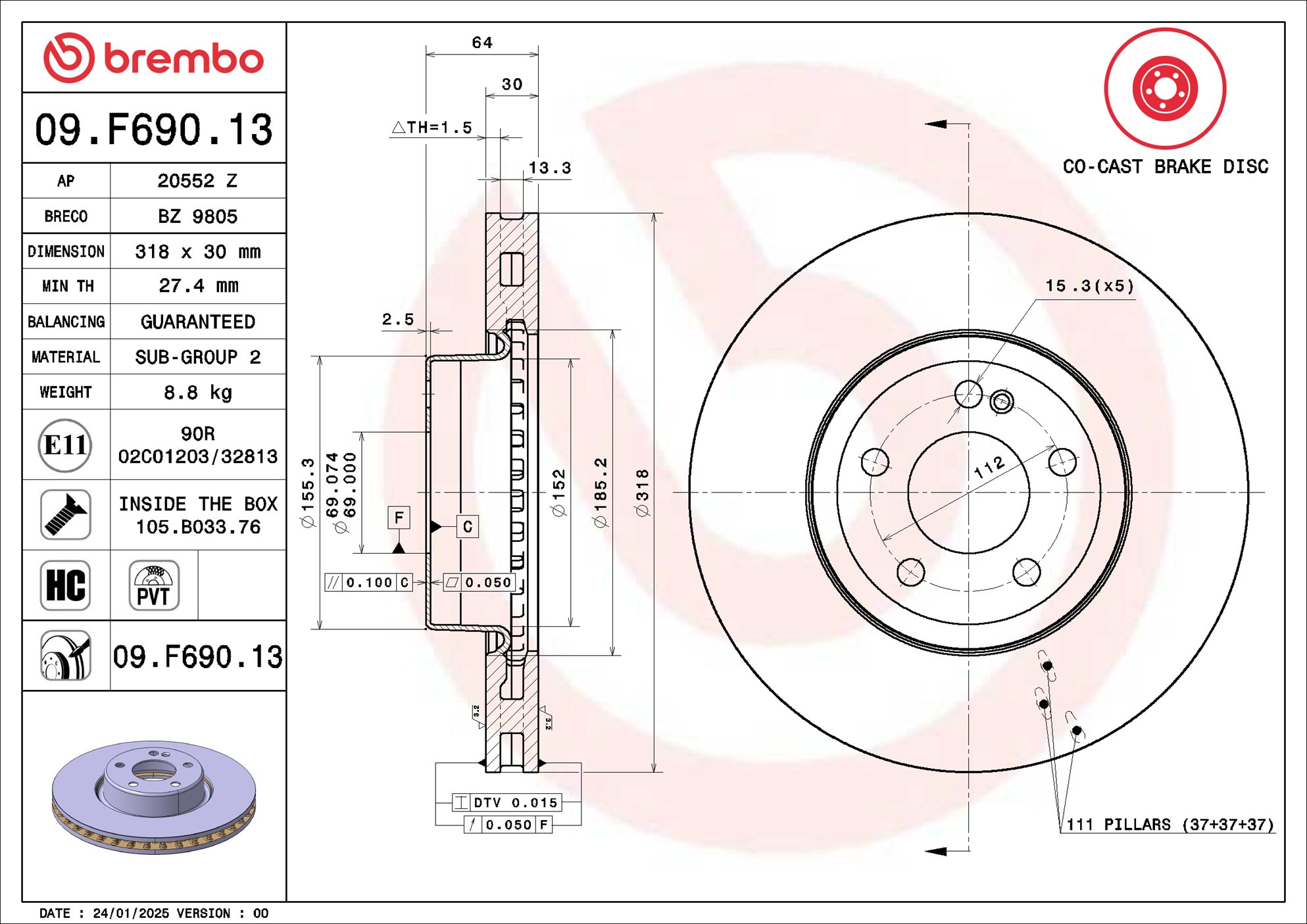 Ilustracja 09.F690.13 BREMBO tarcza hamulcowa