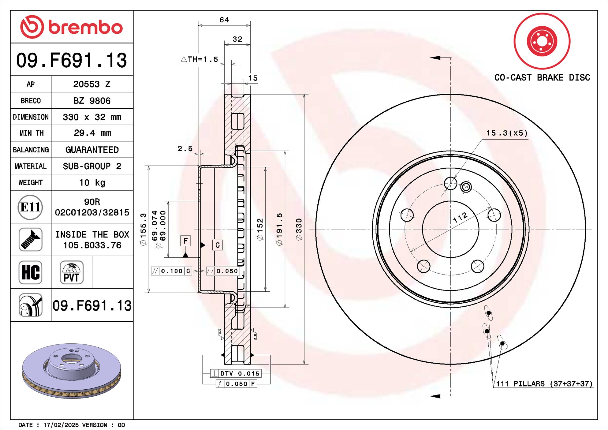 Ilustracja 09.F691.13 BREMBO tarcza hamulcowa