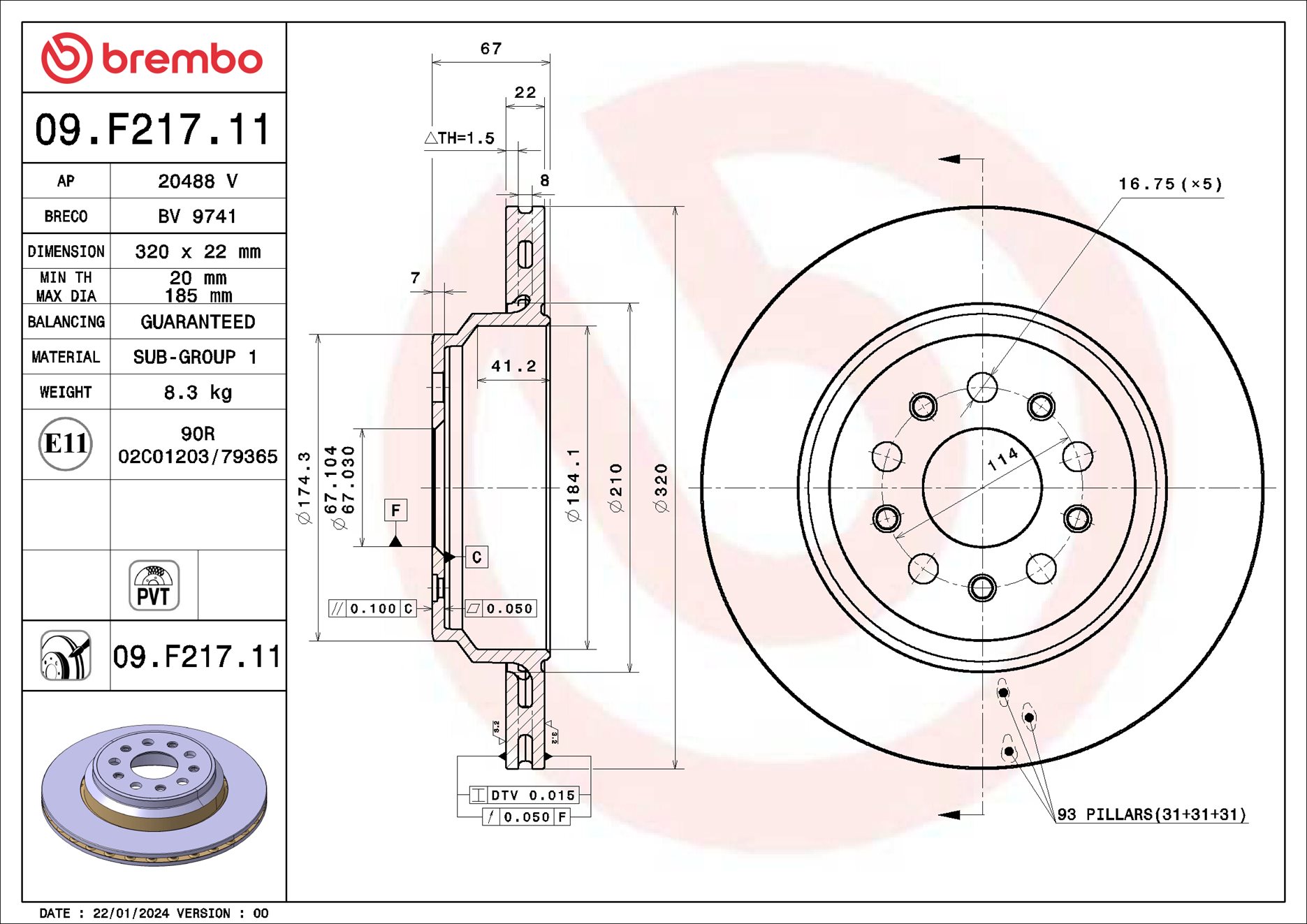 Ilustracja 09.F217.11 BREMBO tarcza hamulcowa