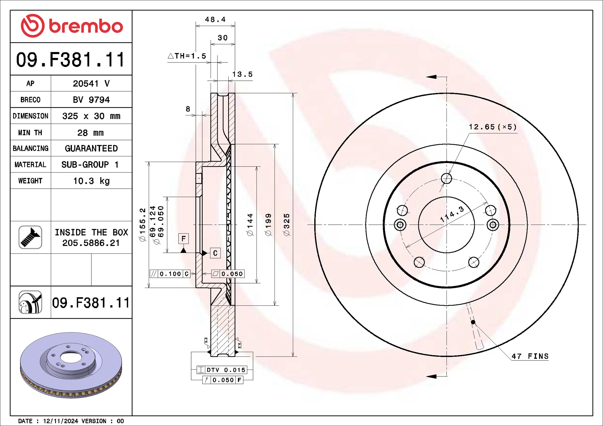 Ilustracja 09.F381.11 BREMBO tarcza hamulcowa
