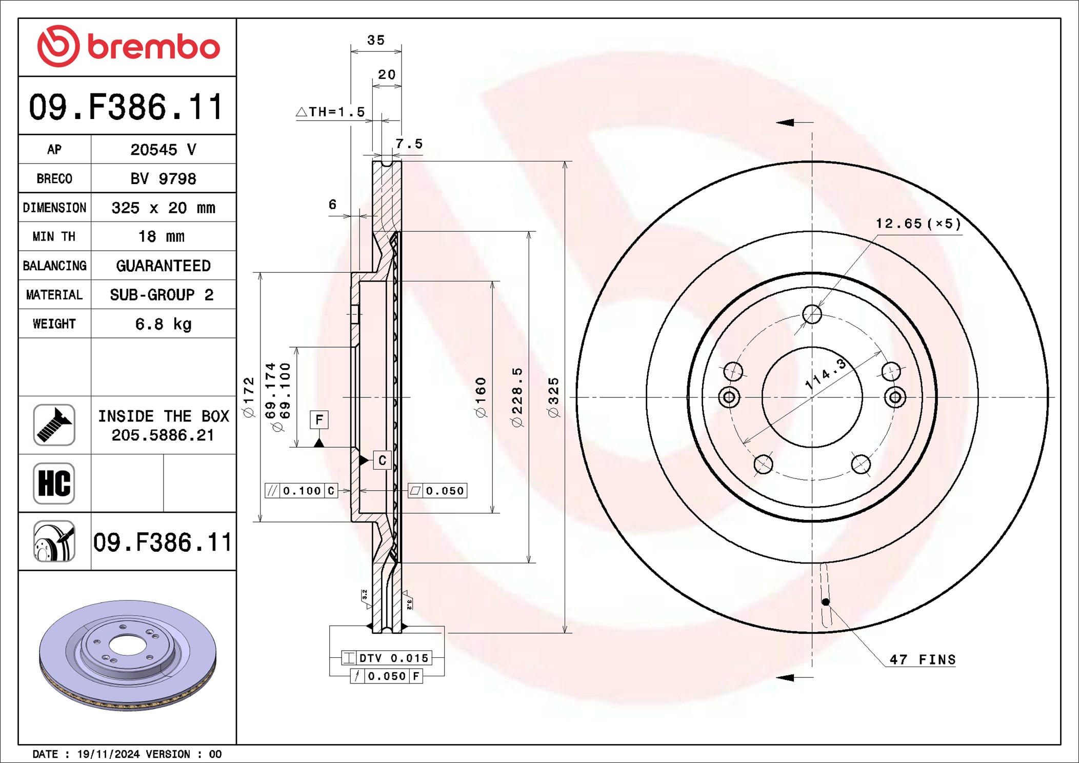 Ilustracja 09.F386.11 BREMBO tarcza hamulcowa