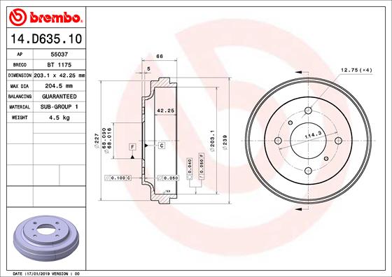 Ilustracja 14.D635.10 BREMBO bęben hamulcowy