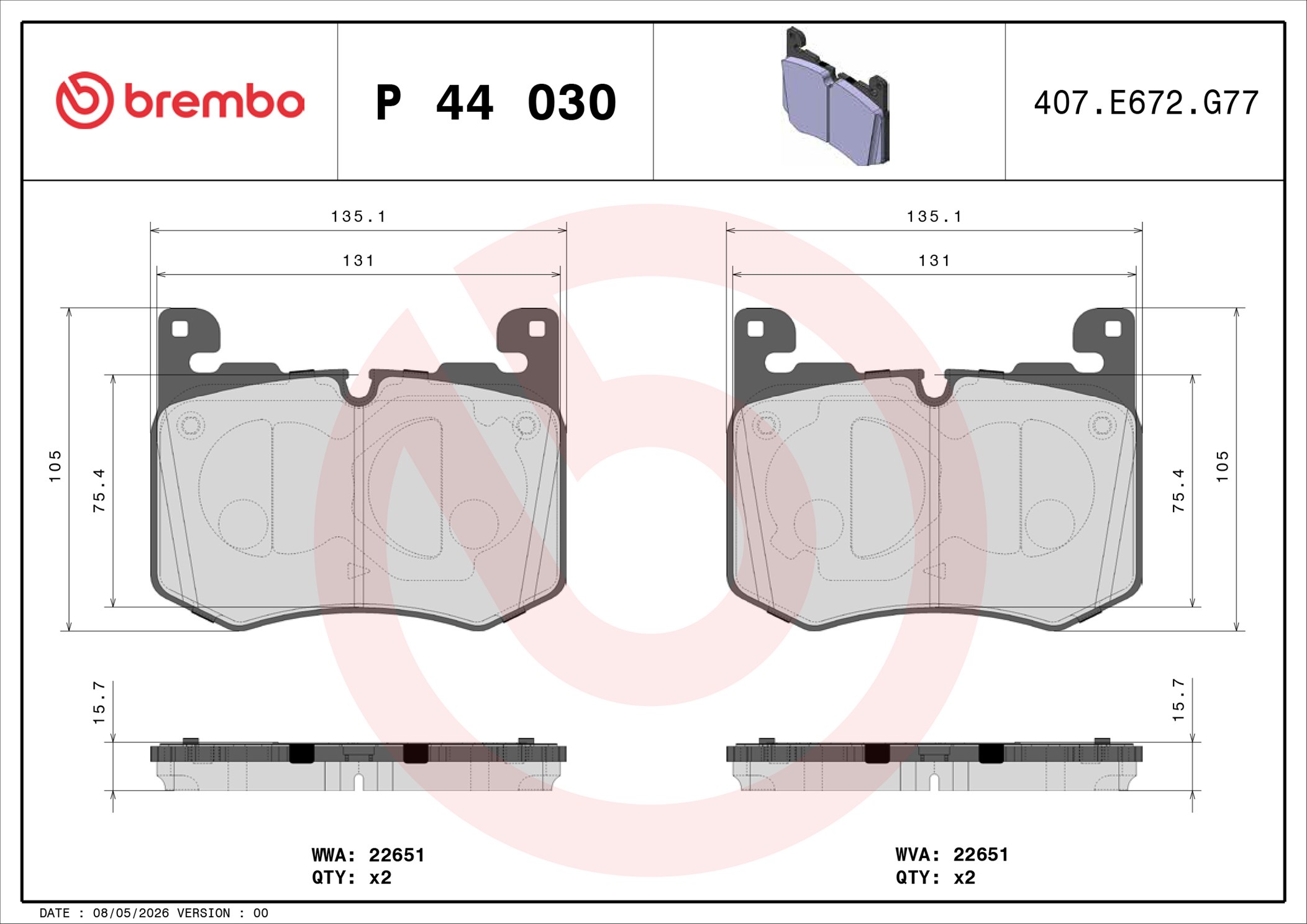 Ilustracja P 44 030 BREMBO klocki hamulcowe