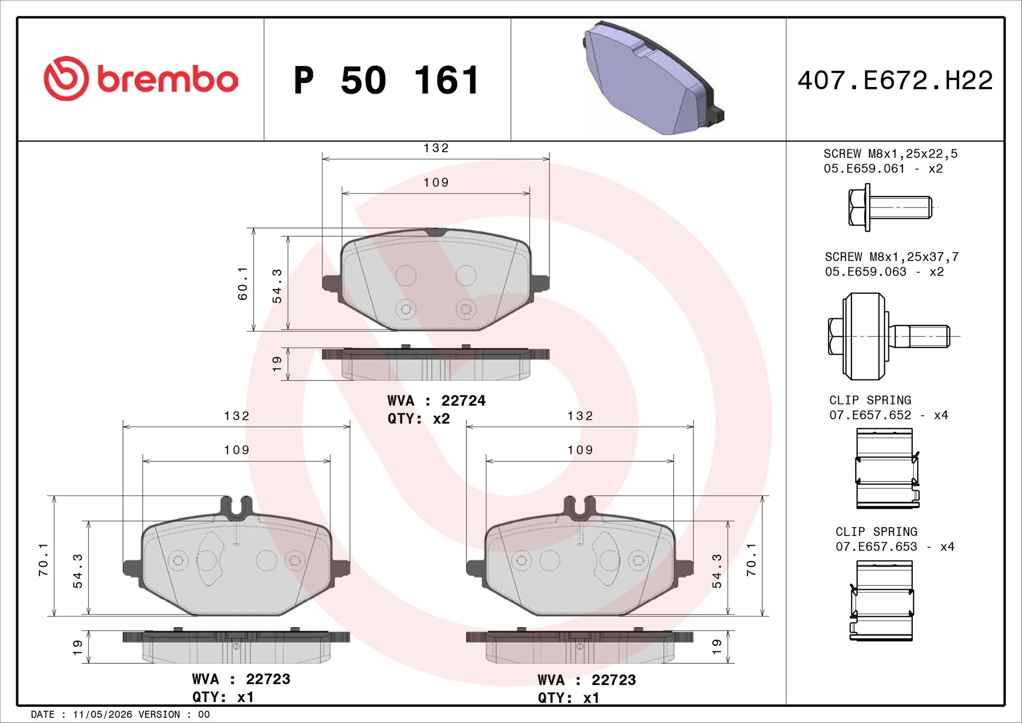 Ilustracja P 50 161 BREMBO klocki hamulcowe