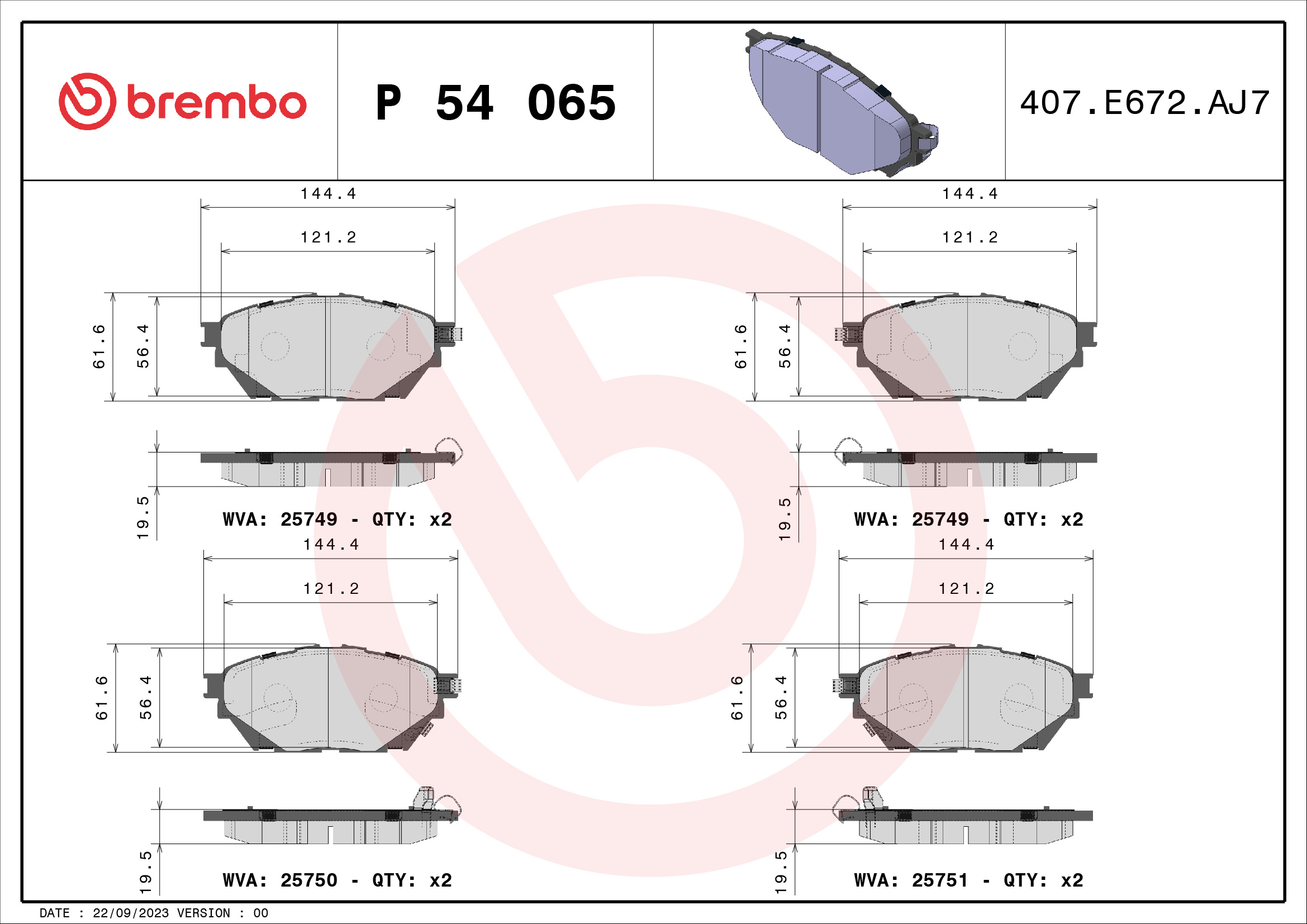 Ilustracja P 54 065 BREMBO klocki hamulcowe