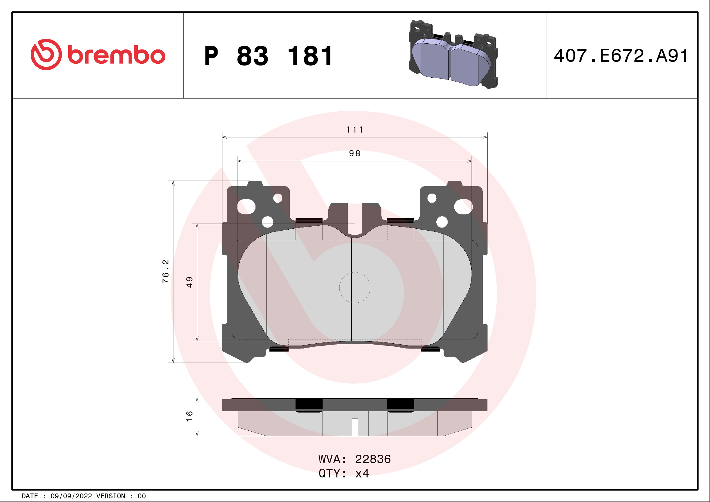 Ilustracja P 83 181 BREMBO klocki hamulcowe