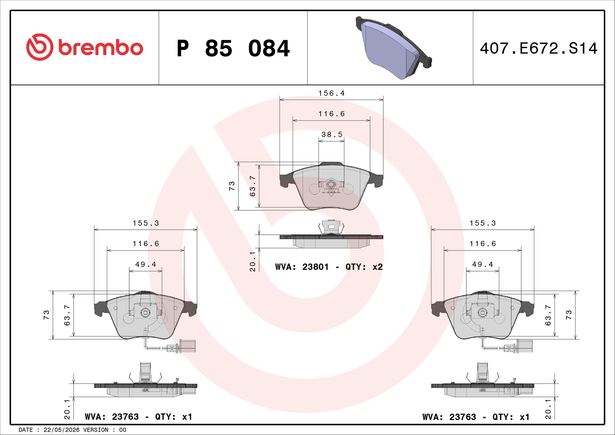 Ilustracja P 85 084 BREMBO klocki hamulcowe