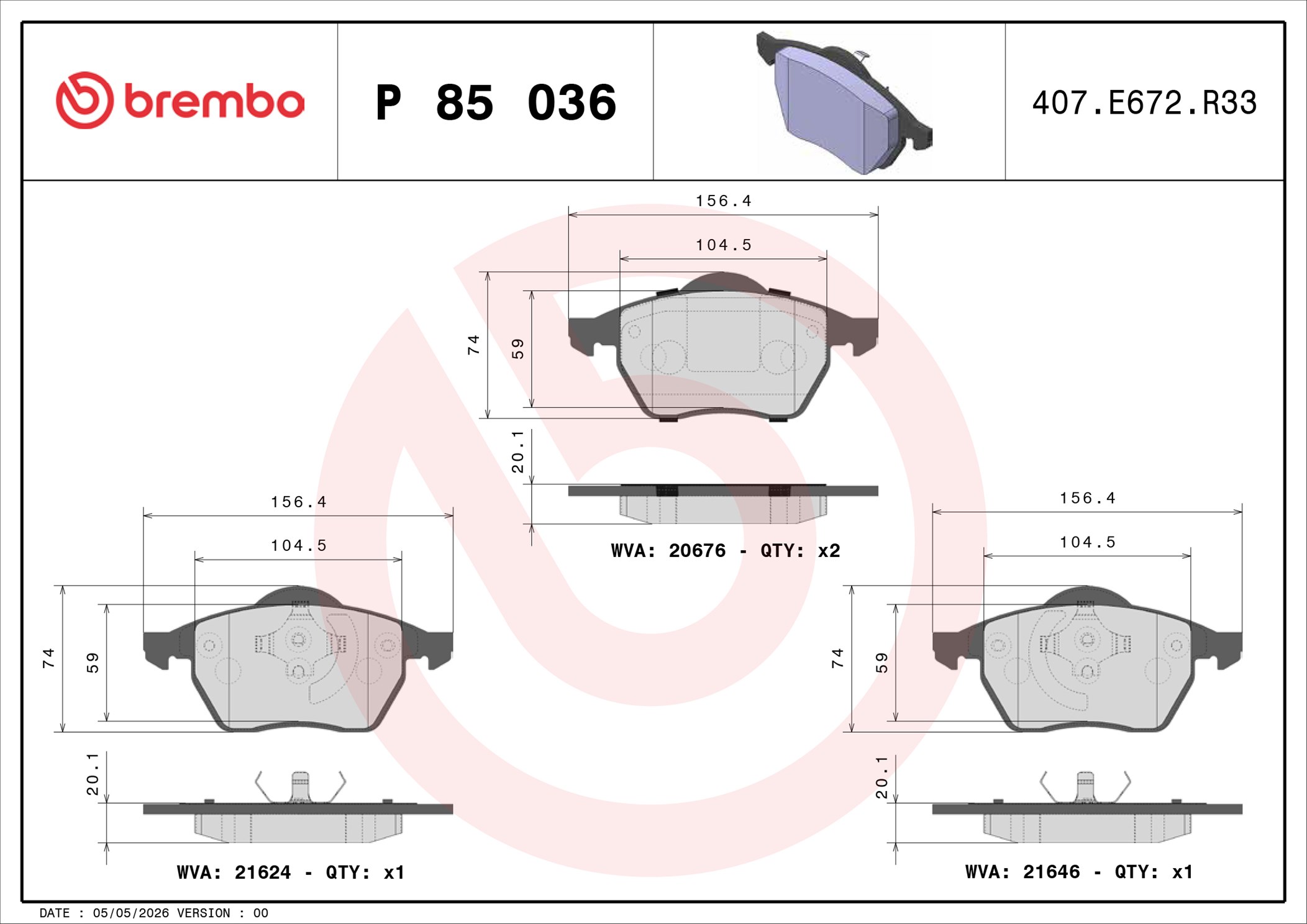 Ilustracja P 85 036 BREMBO klocki hamulcowe