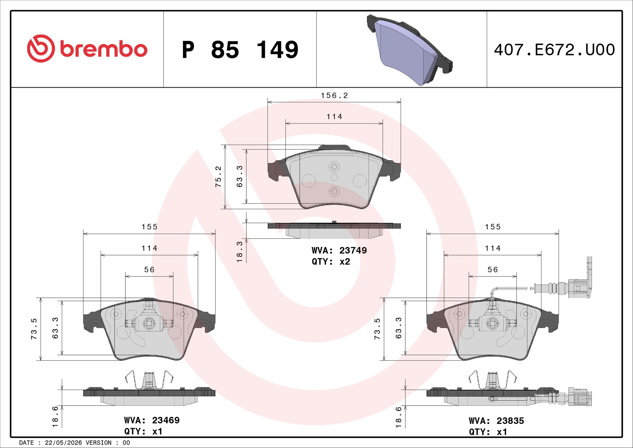 Ilustracja P 85 149 BREMBO klocki hamulcowe