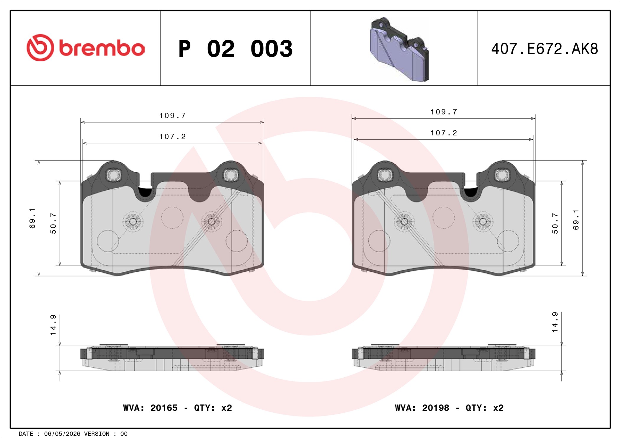 Ilustracja P 02 003 BREMBO klocki hamulcowe