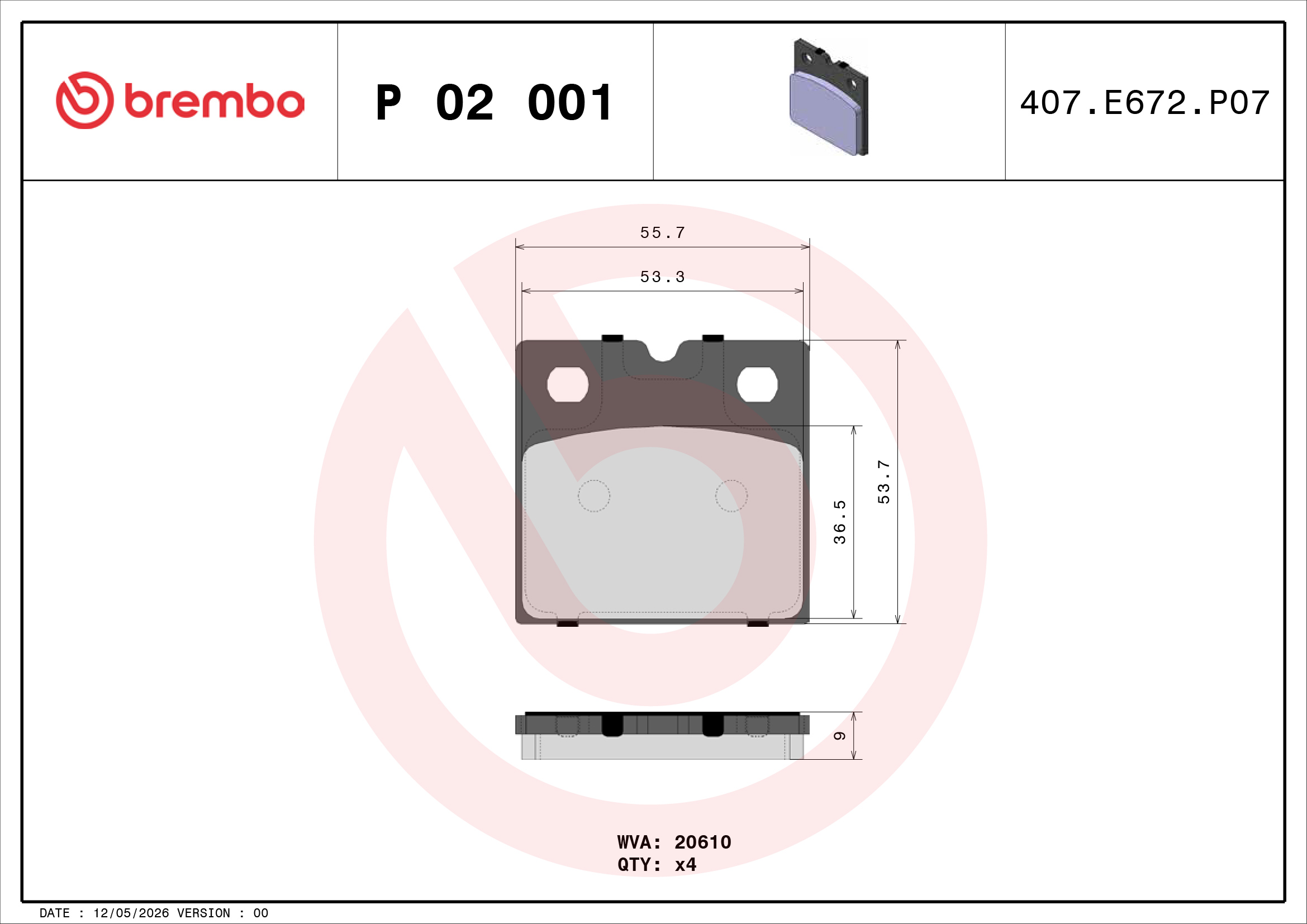 Ilustracja P 02 001 BREMBO zestaw okładzin hamulcowych, hamulec postojowy tarczowy