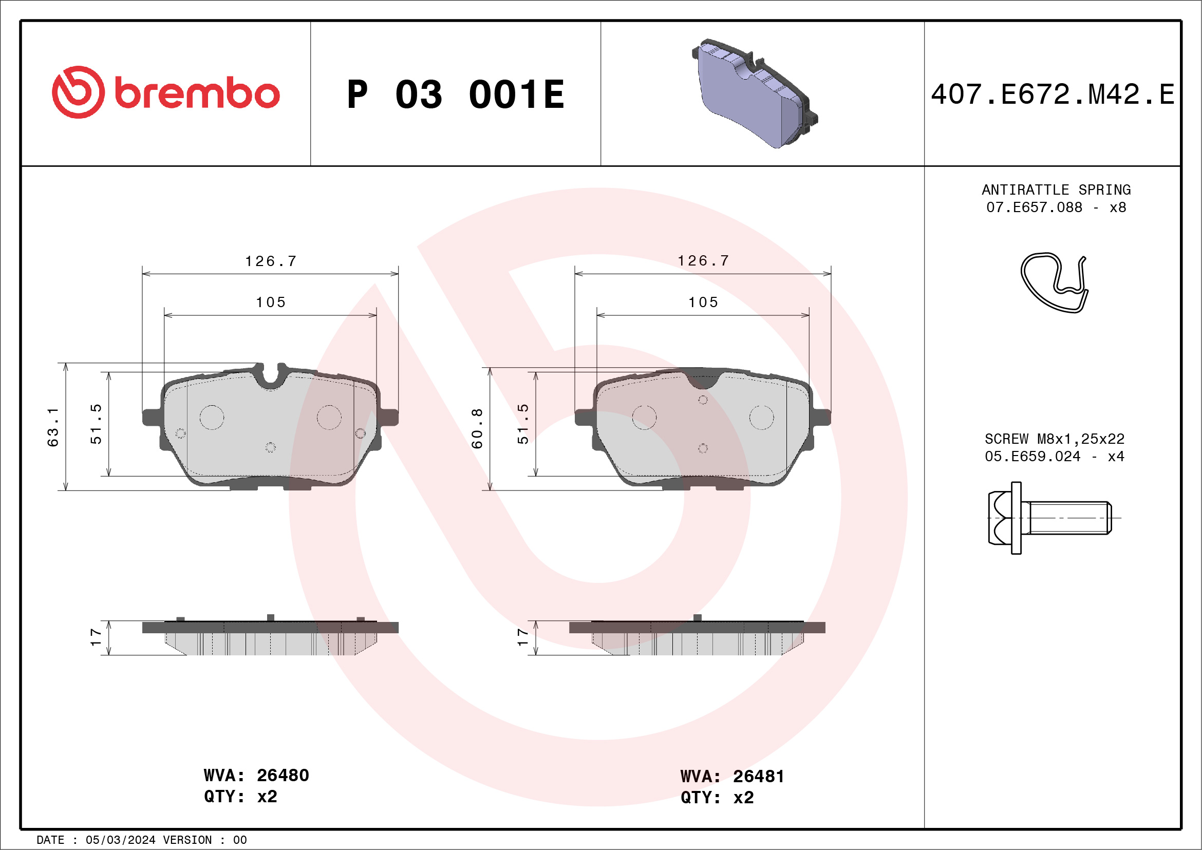 Ilustracja P 03 001E BREMBO klocki hamulcowe