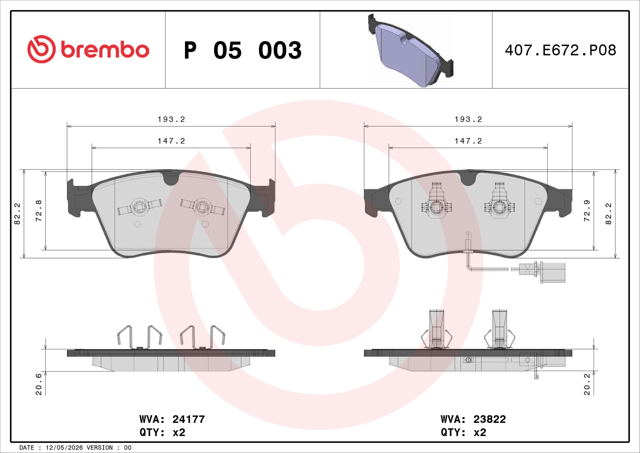 Ilustracja P 05 003 BREMBO klocki hamulcowe