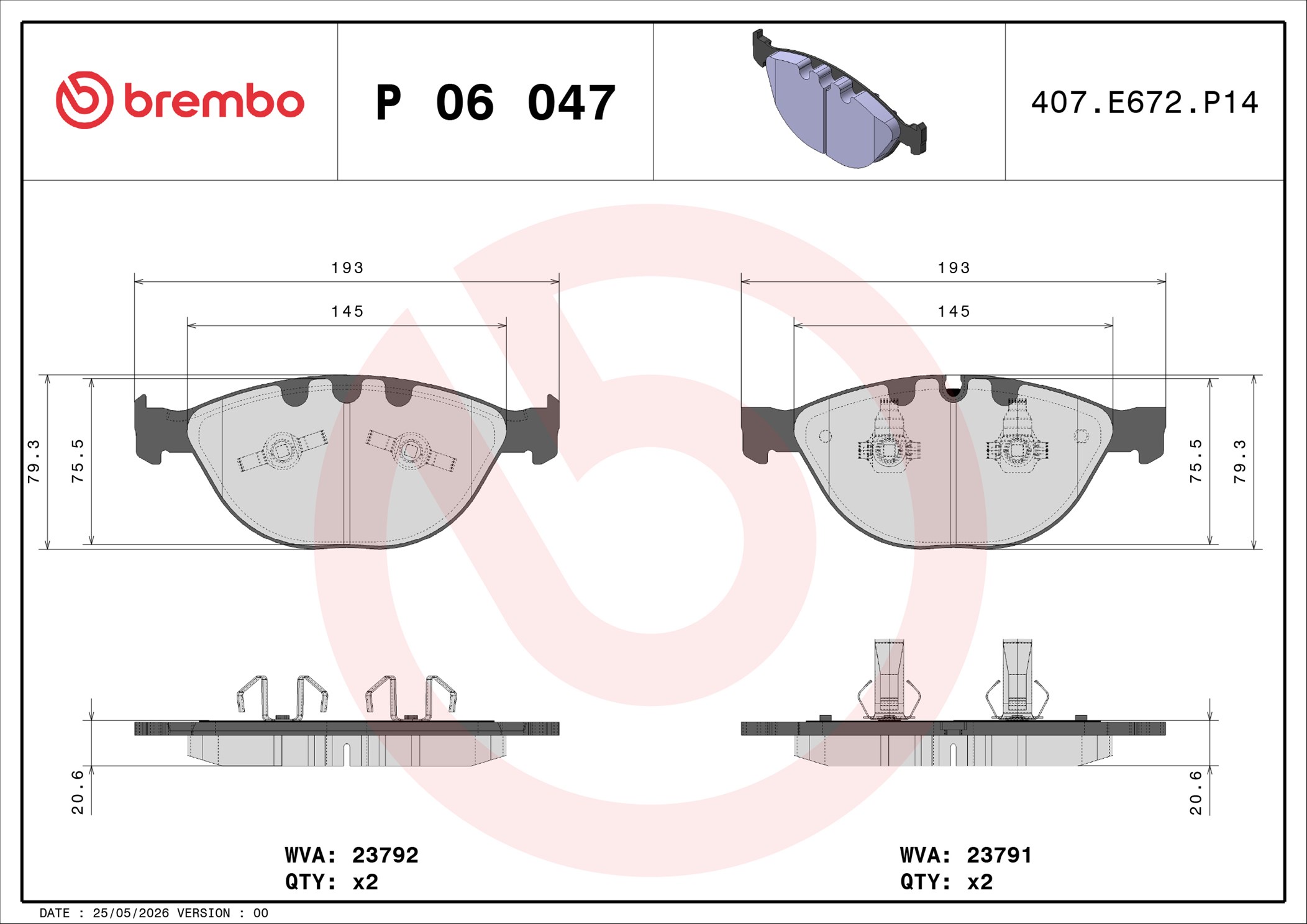 Ilustracja P 06 047 BREMBO klocki hamulcowe