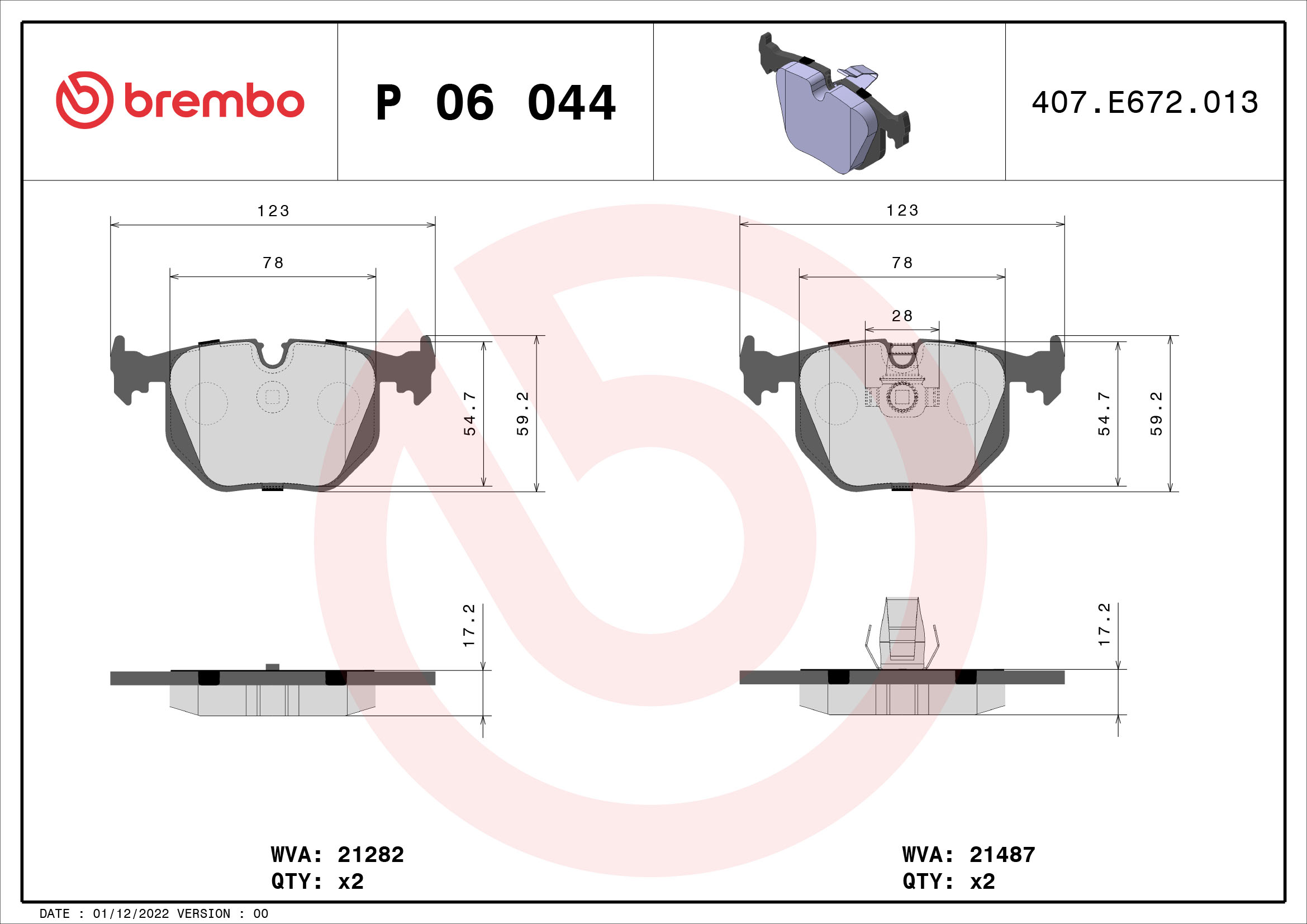 Ilustracja P 06 044 BREMBO klocki hamulcowe