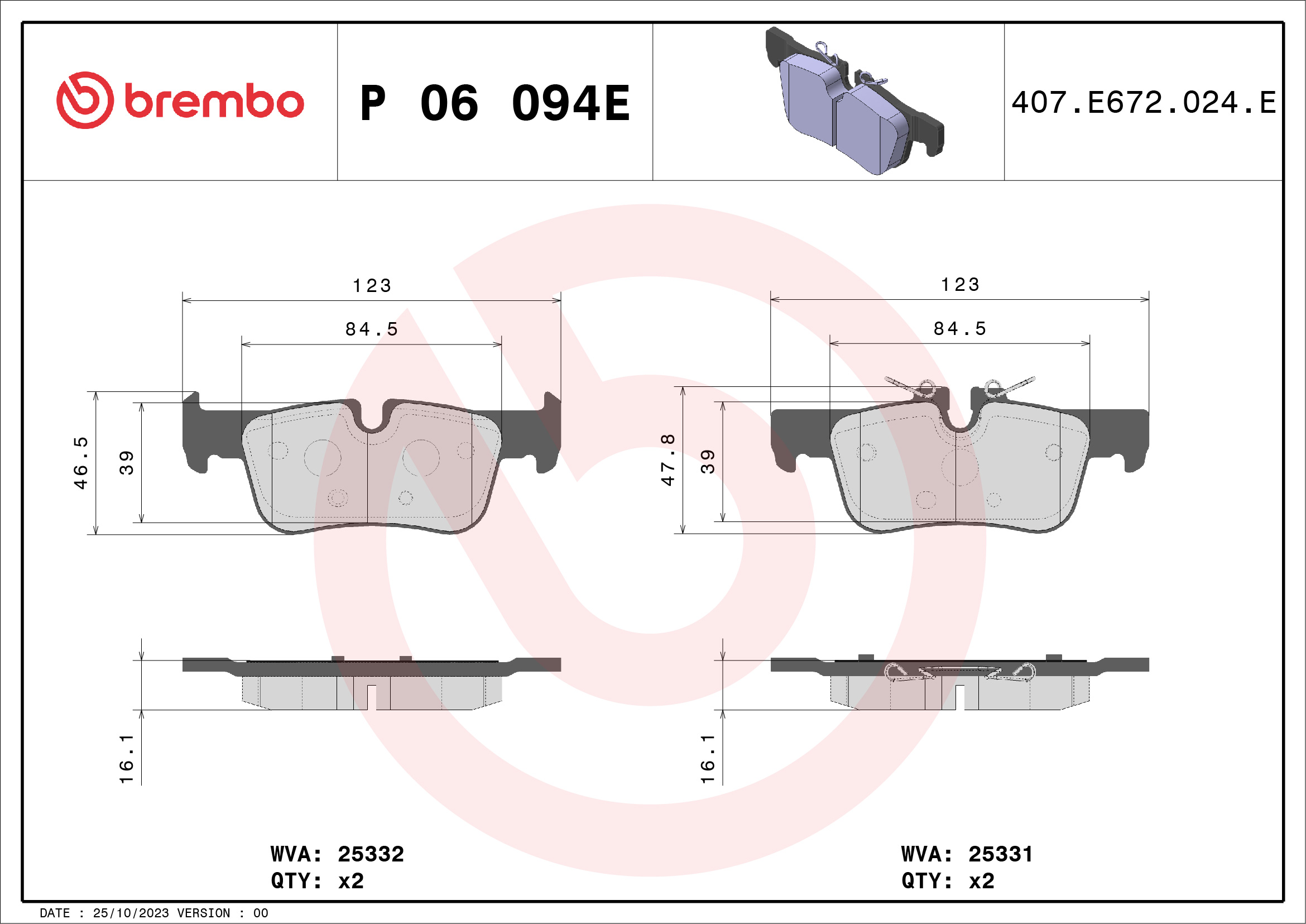 Ilustracja P 06 094E BREMBO klocki hamulcowe