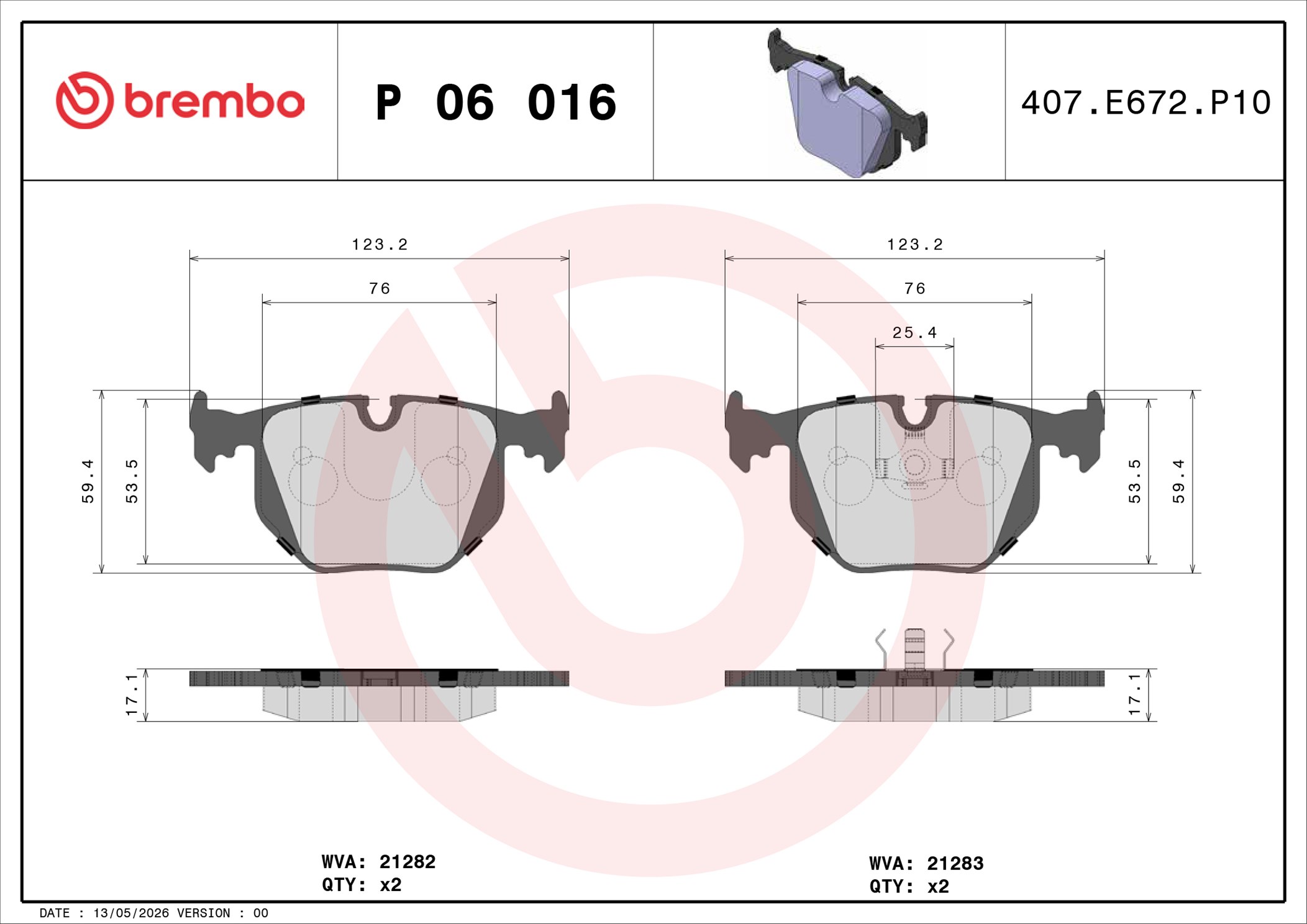 Ilustracja P 06 016 BREMBO klocki hamulcowe