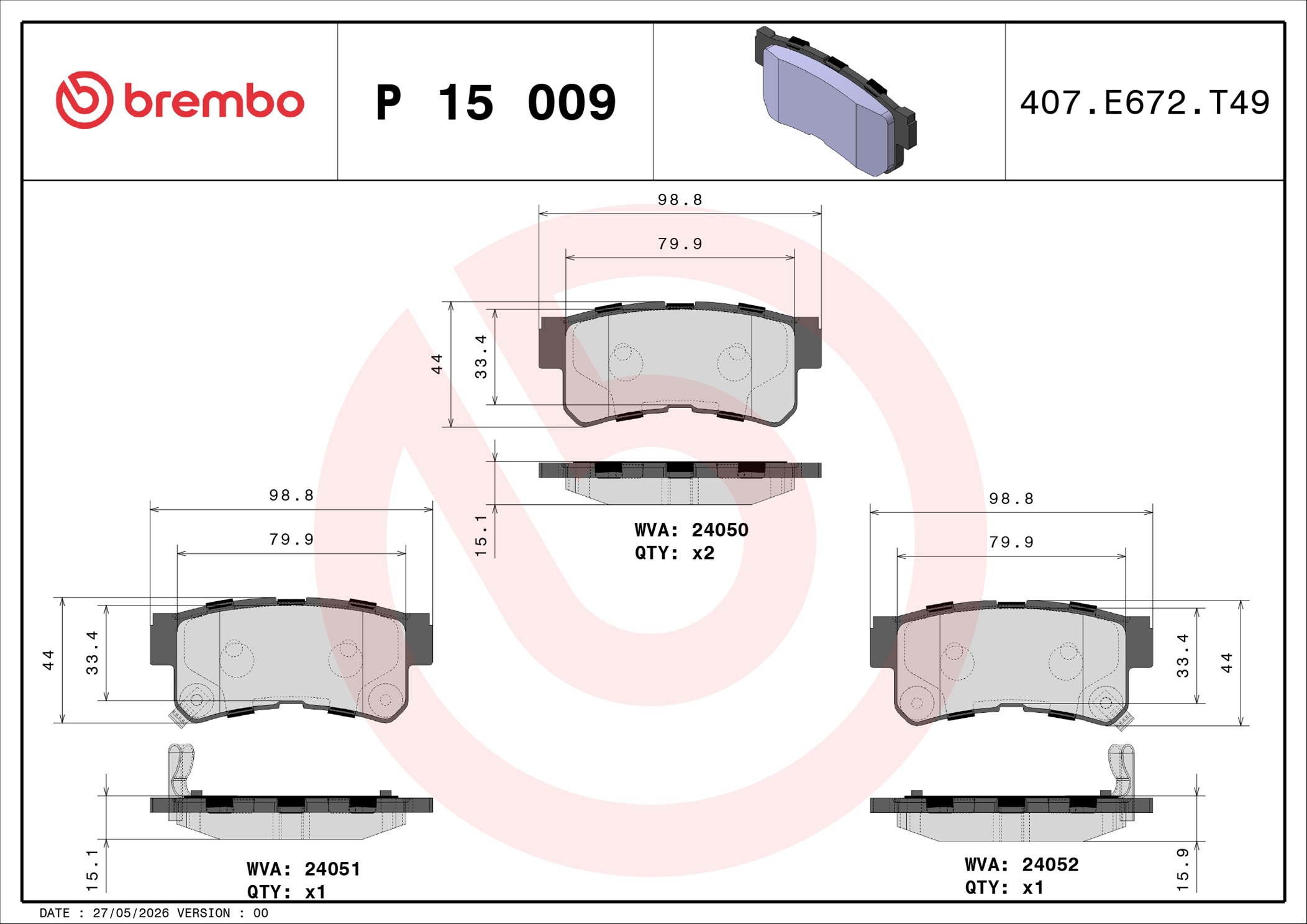 Ilustracja P 15 009 BREMBO klocki hamulcowe