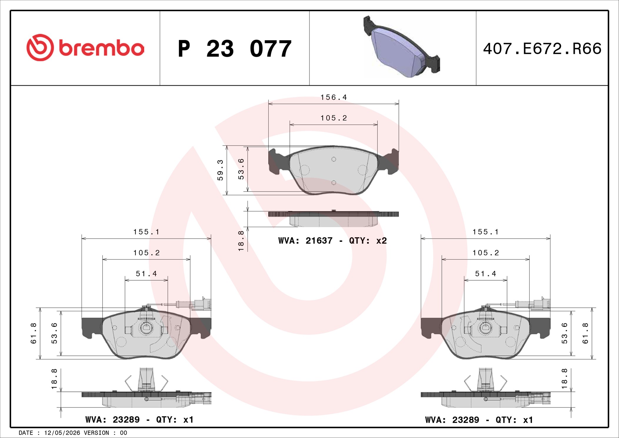 Ilustracja P 23 077 BREMBO klocki hamulcowe