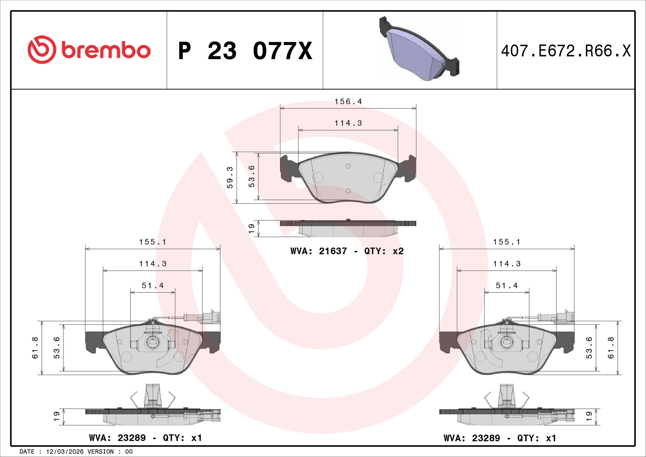 Ilustracja P 23 077X BREMBO klocki hamulcowe