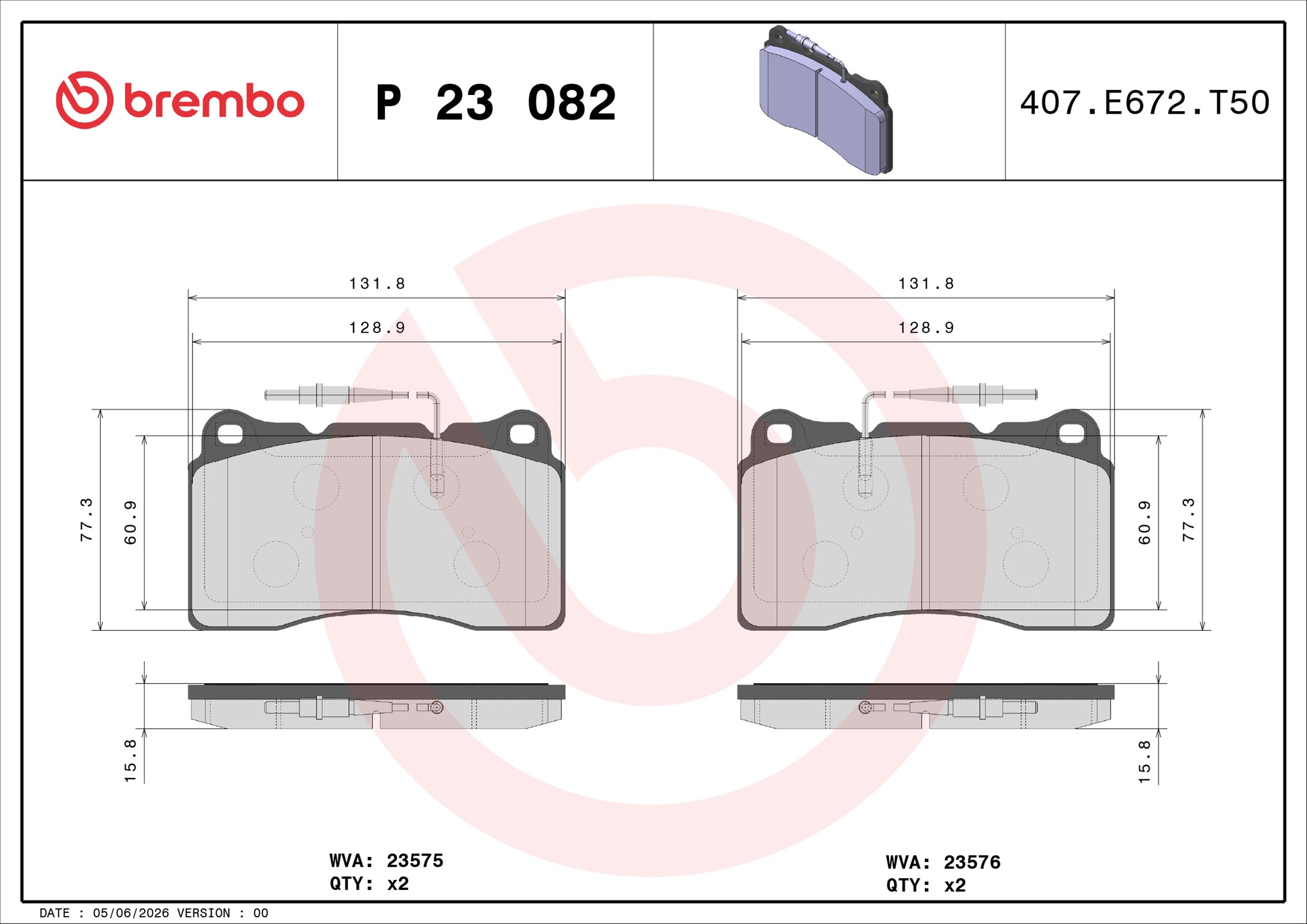 Ilustracja P 23 082 BREMBO klocki hamulcowe