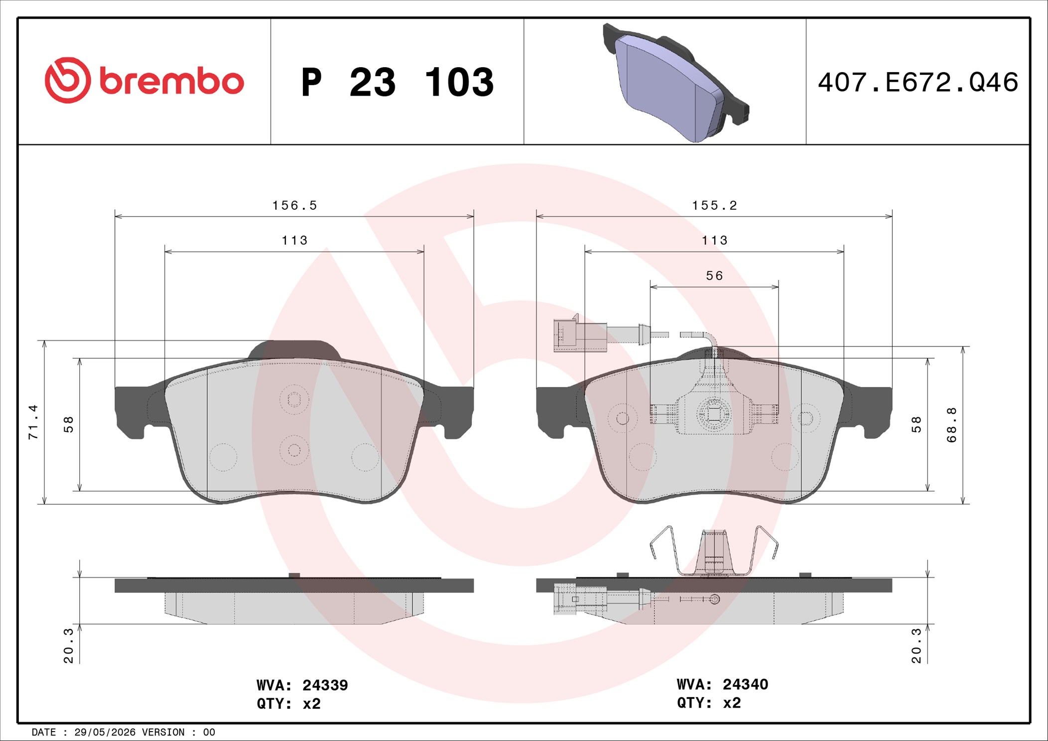 Ilustracja P 23 103 BREMBO klocki hamulcowe
