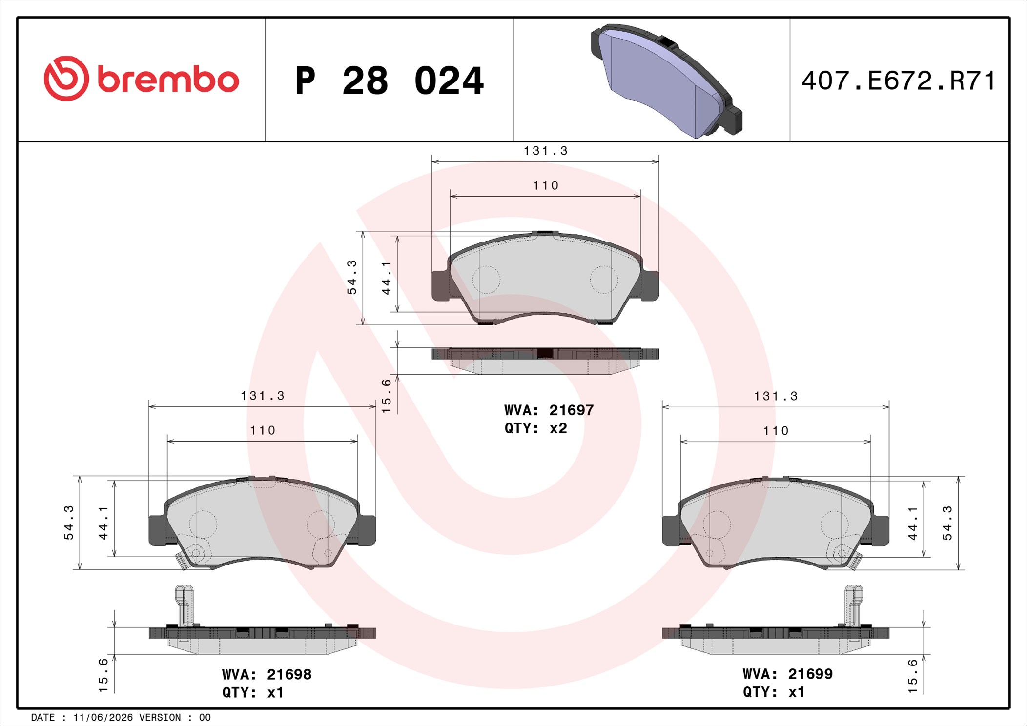 Ilustracja P 28 024 BREMBO klocki hamulcowe