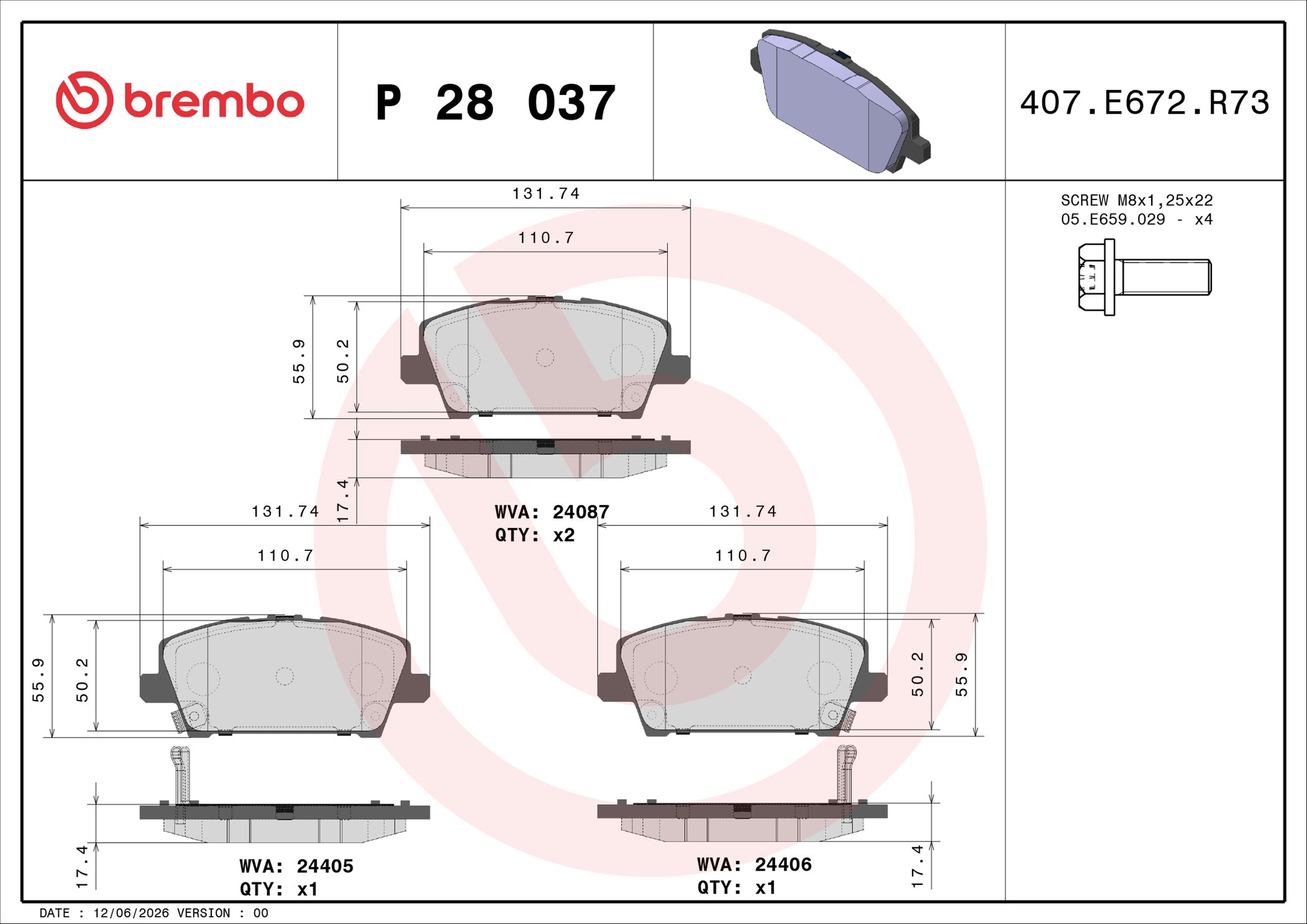 Ilustracja P 28 037 BREMBO klocki hamulcowe