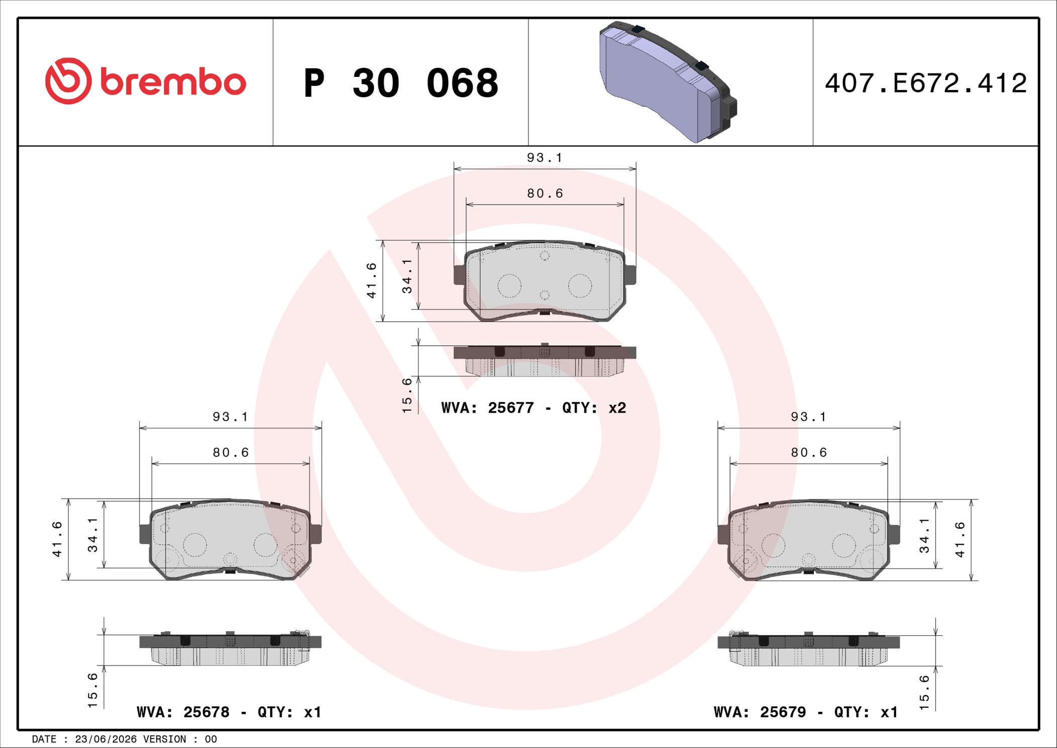Ilustracja P 30 068 BREMBO klocki hamulcowe