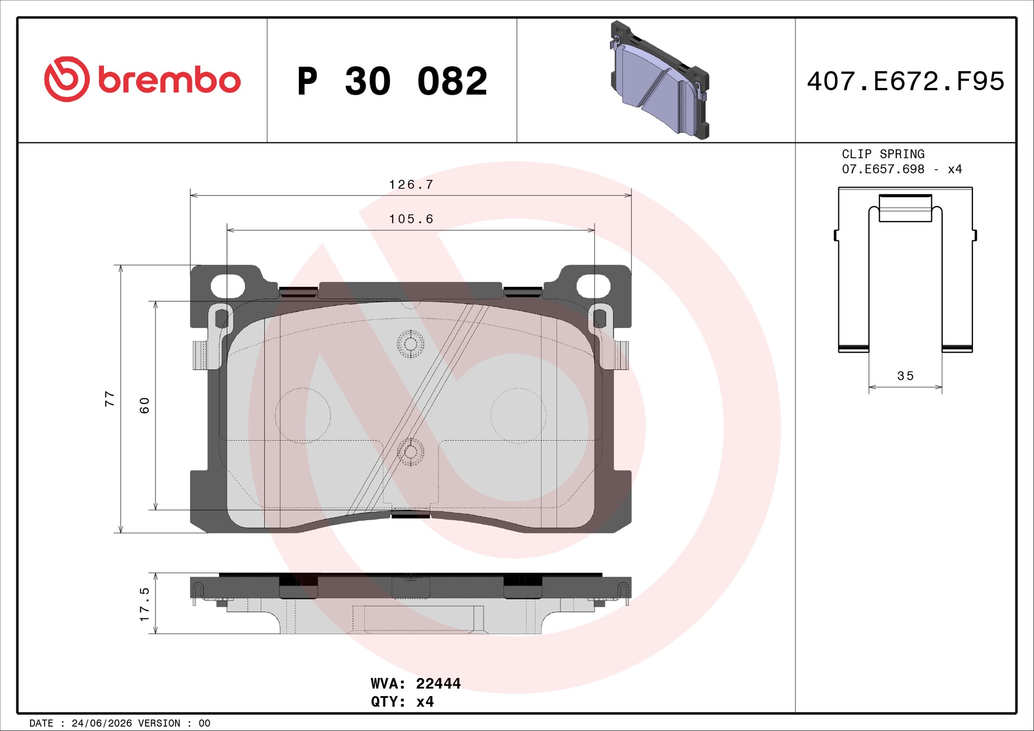 Ilustracja P 30 082 BREMBO klocki hamulcowe