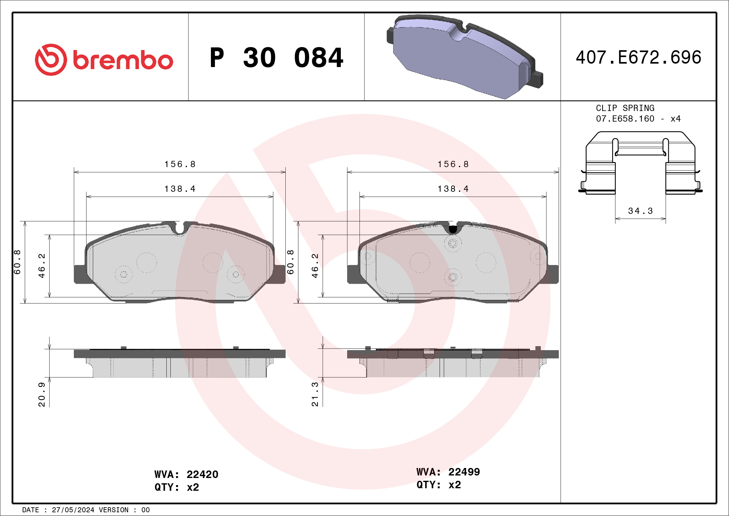 Ilustracja P 30 084 BREMBO klocki hamulcowe