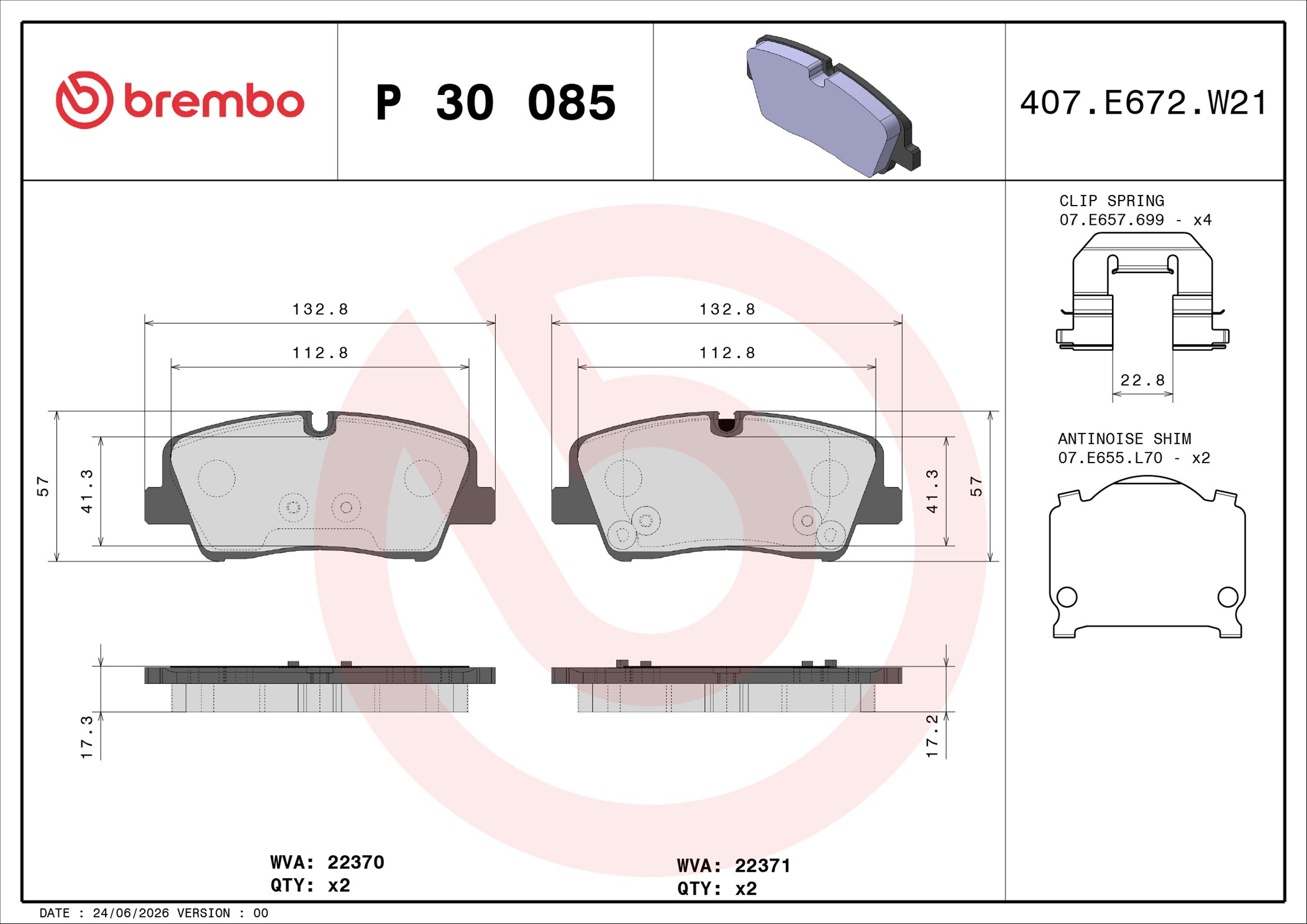 Ilustracja P 30 085 BREMBO klocki hamulcowe