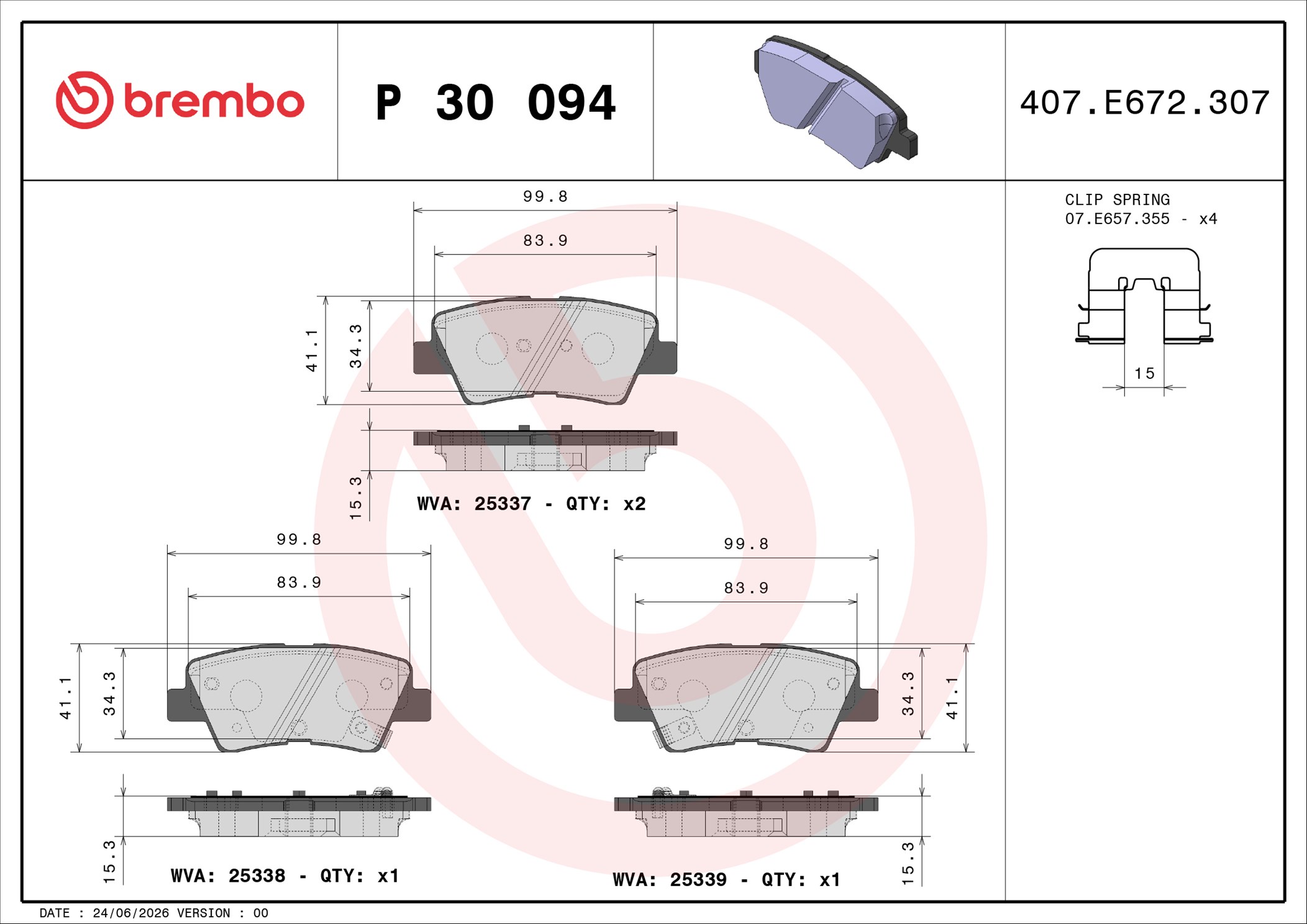 Ilustracja P 30 094 BREMBO klocki hamulcowe