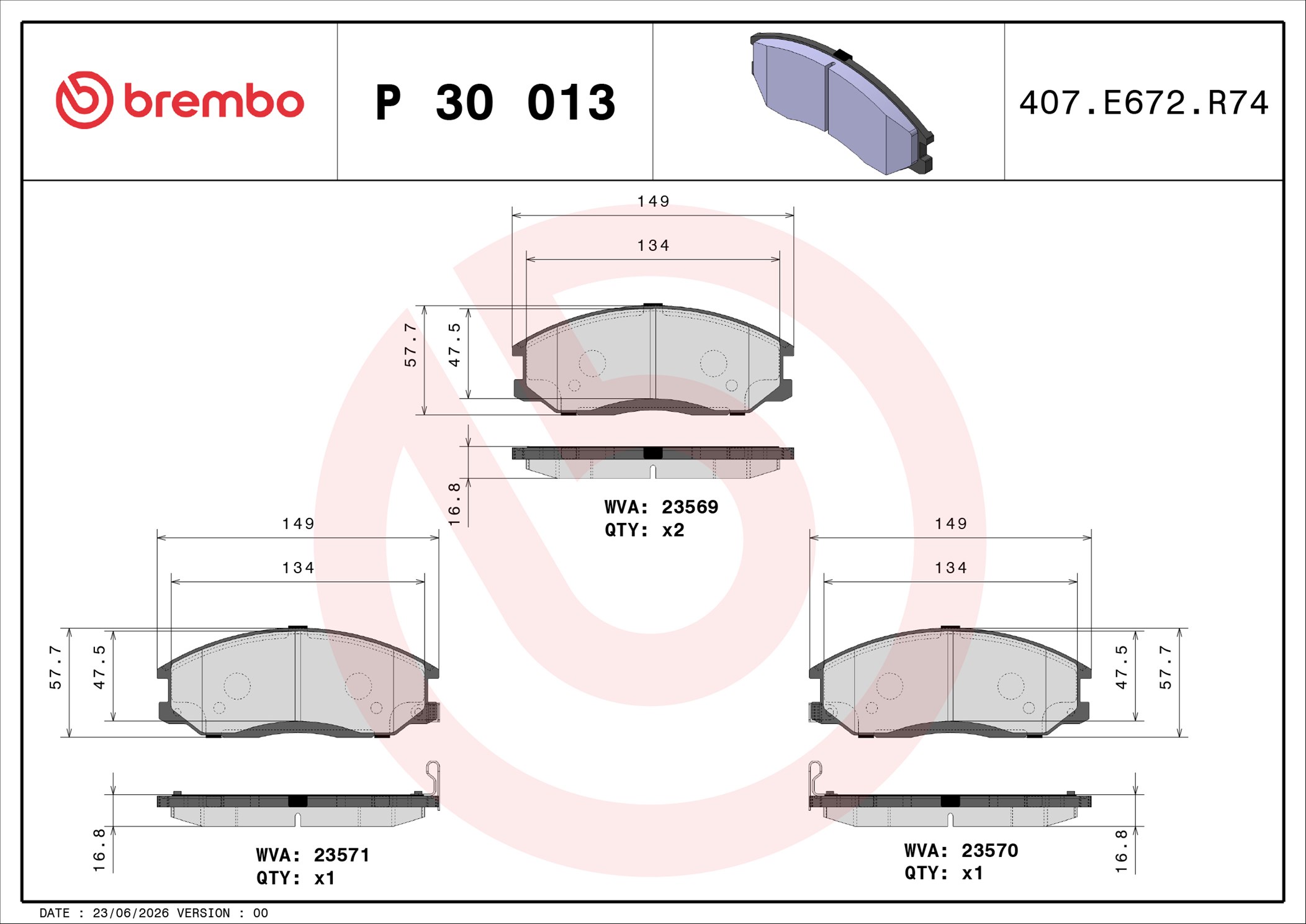 Ilustracja P 30 013 BREMBO klocki hamulcowe