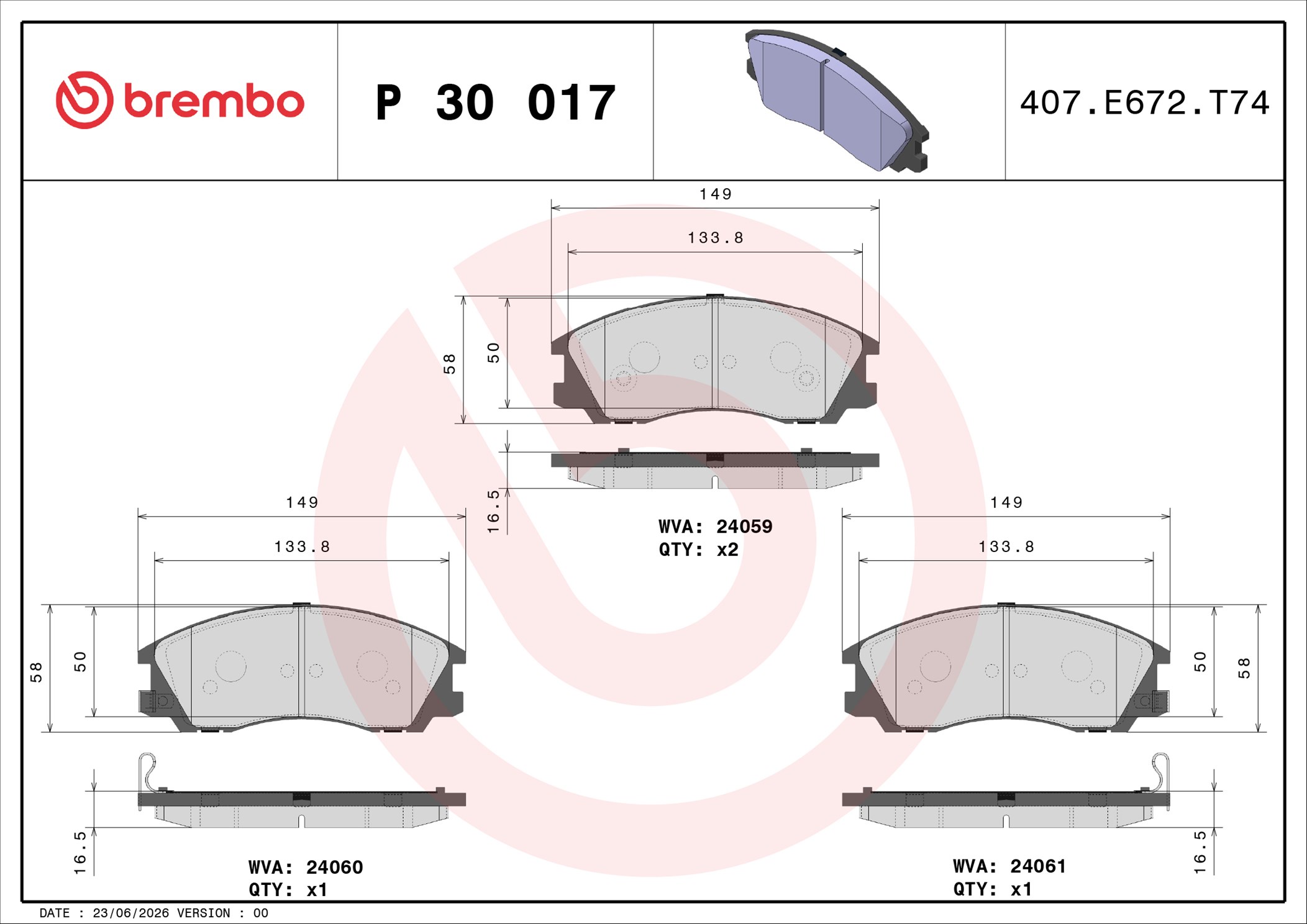 Ilustracja P 30 017 BREMBO klocki hamulcowe