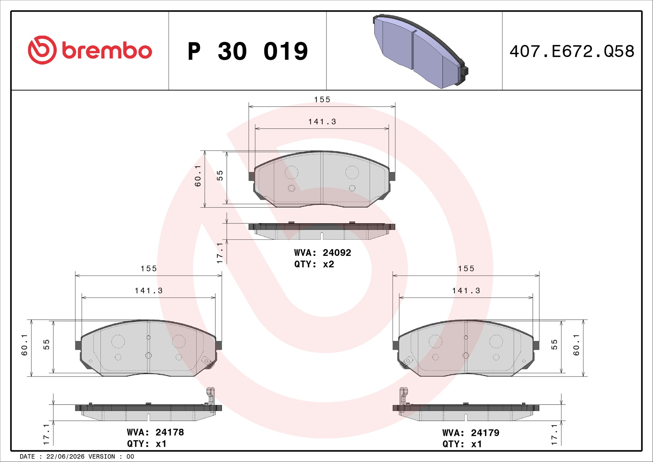 Ilustracja P 30 019 BREMBO klocki hamulcowe