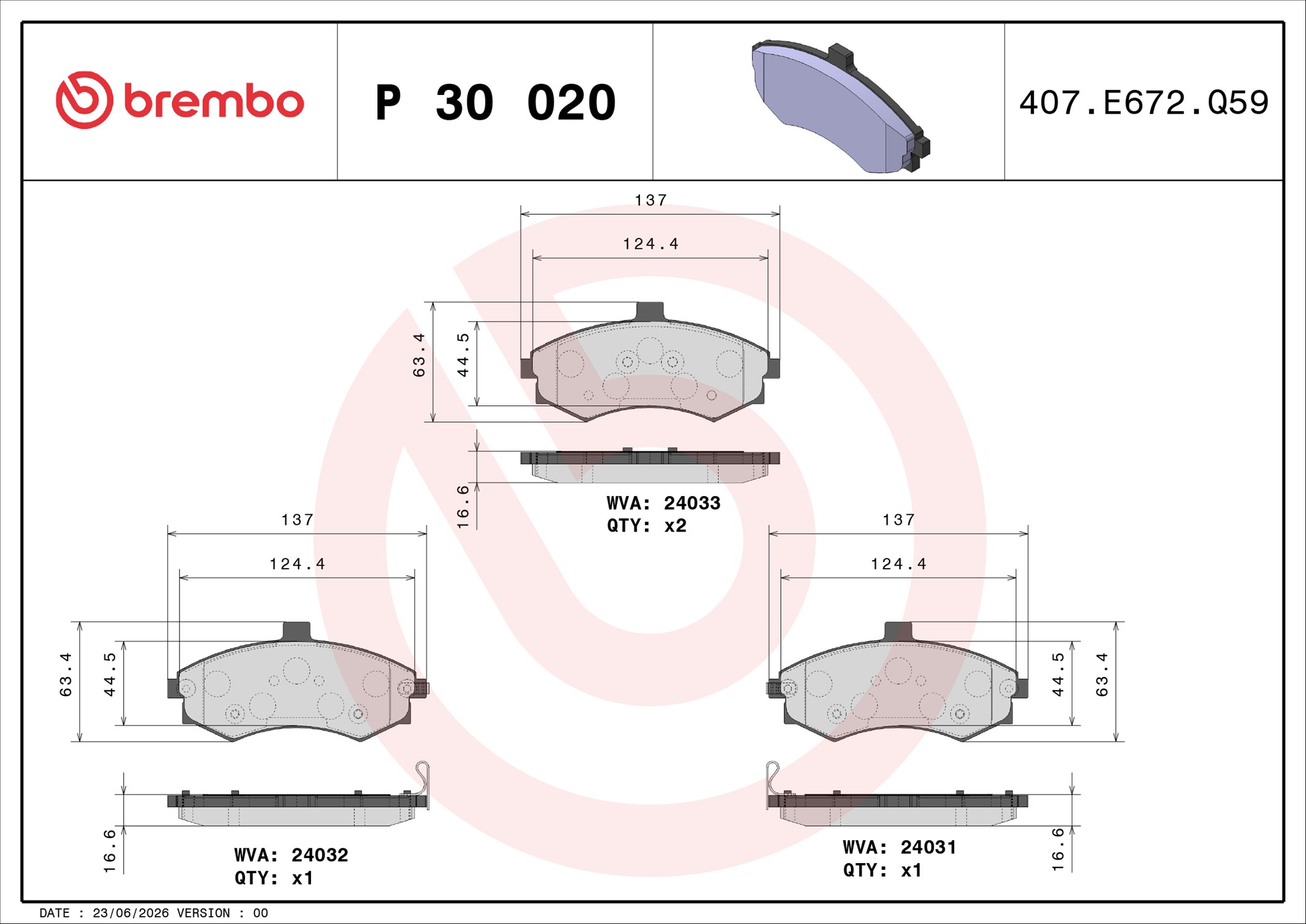 Ilustracja P 30 020 BREMBO klocki hamulcowe