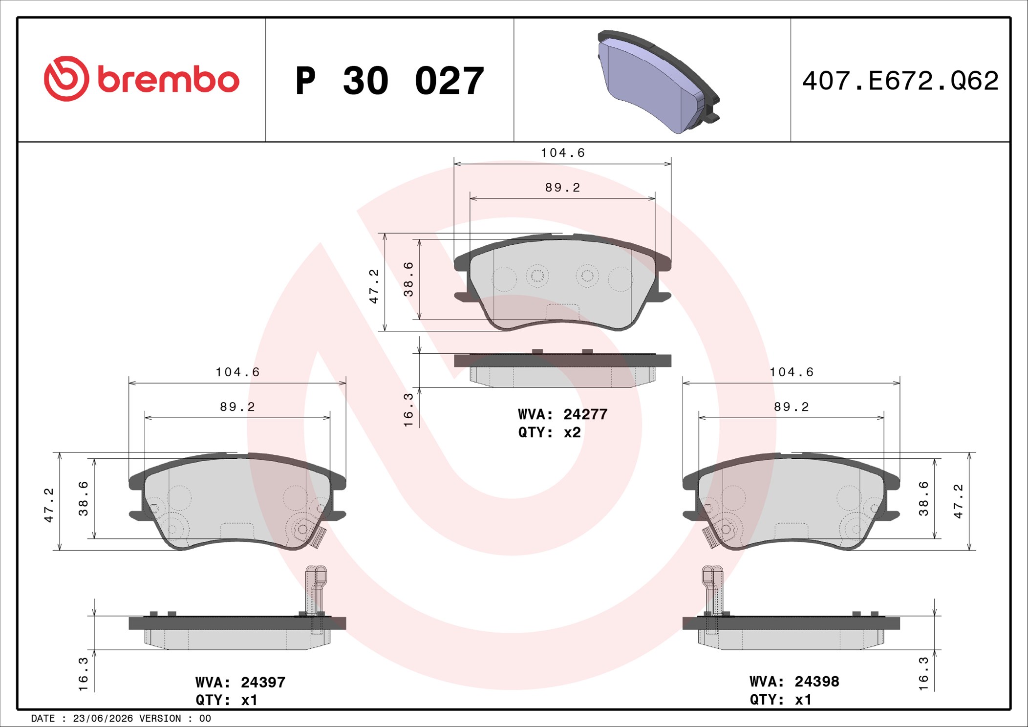 Ilustracja P 30 027 BREMBO klocki hamulcowe