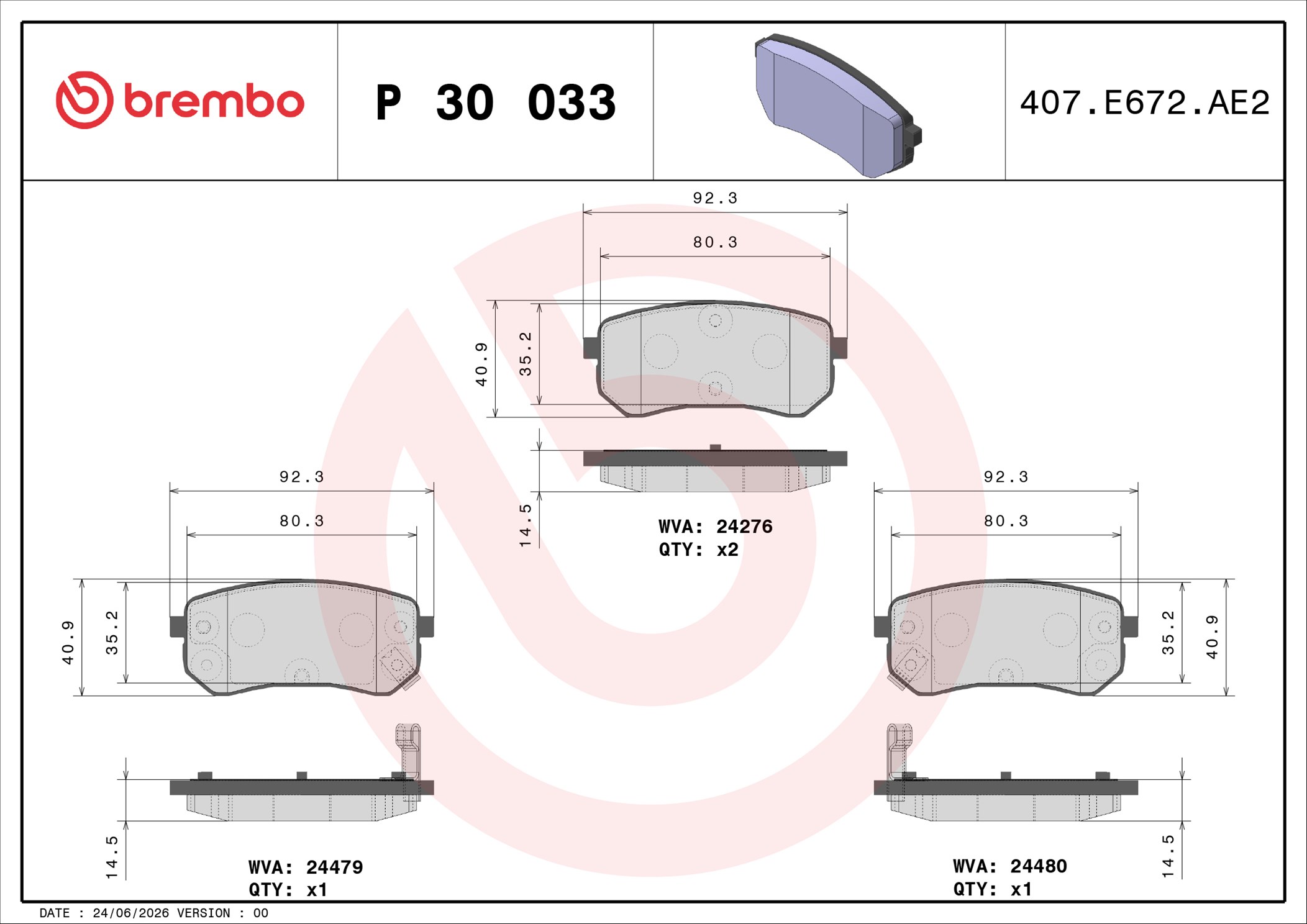 Ilustracja P 30 033 BREMBO klocki hamulcowe