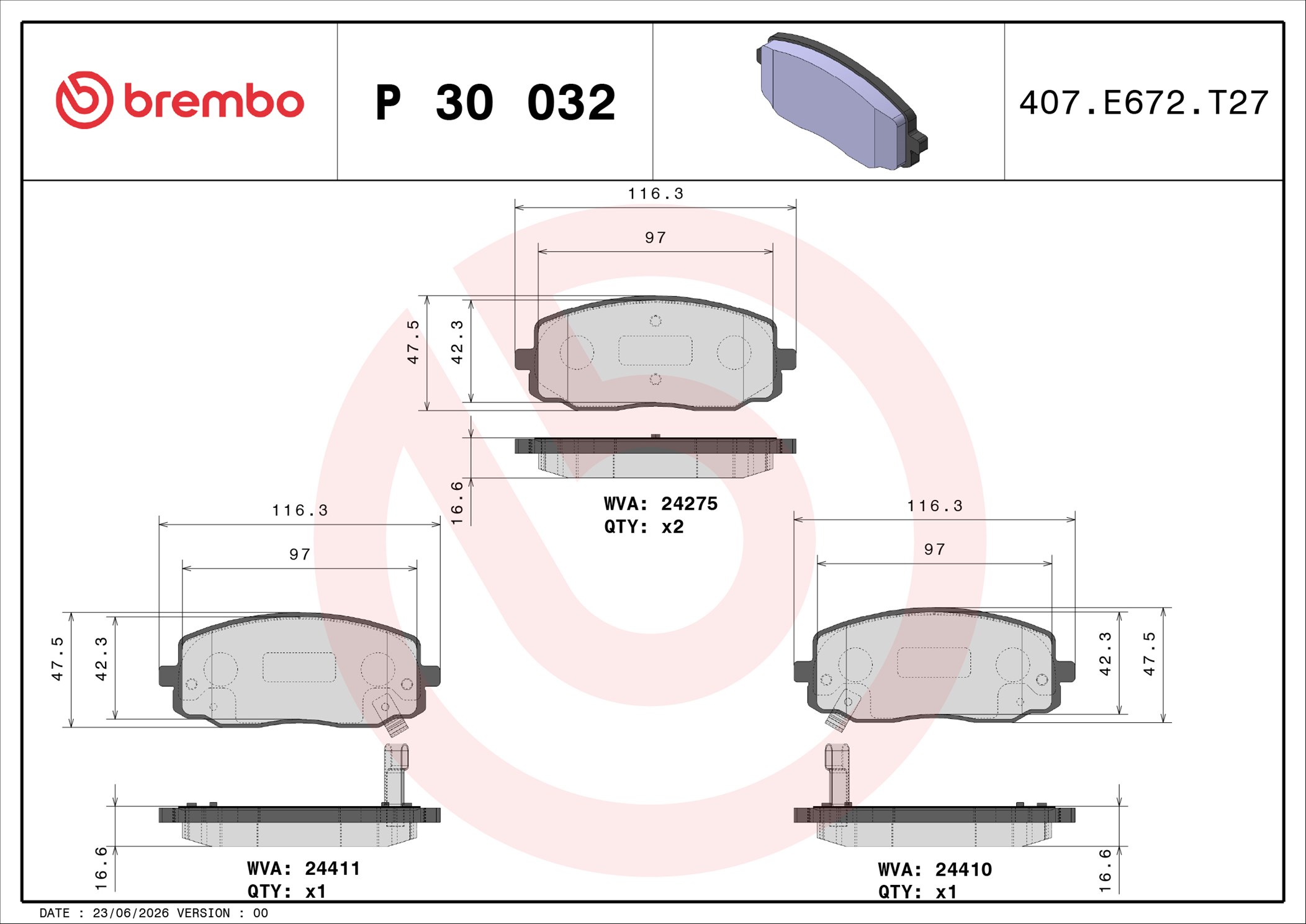 Ilustracja P 30 032 BREMBO klocki hamulcowe