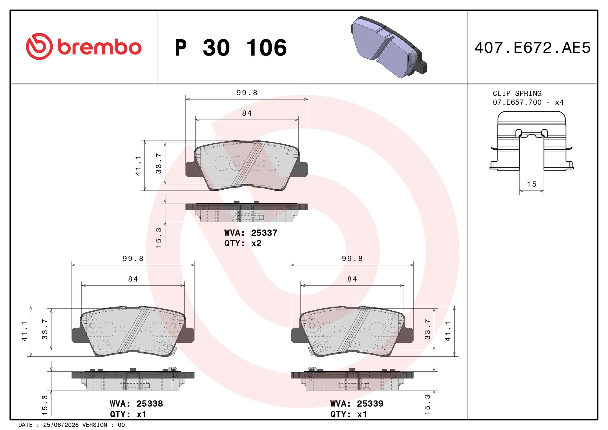 Ilustracja P 30 106 BREMBO klocki hamulcowe