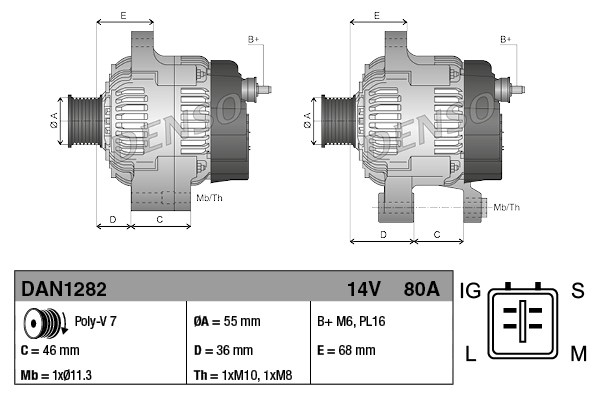 Ilustracja DAN1282 DENSO alternator