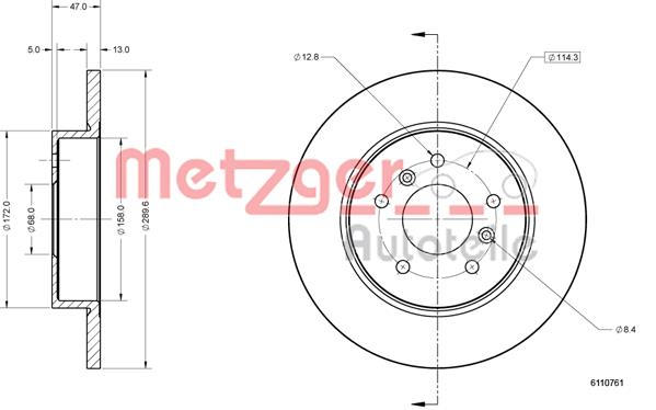 Ilustracja 6110761 METZGER AUTOTEILE tarcza hamulcowa