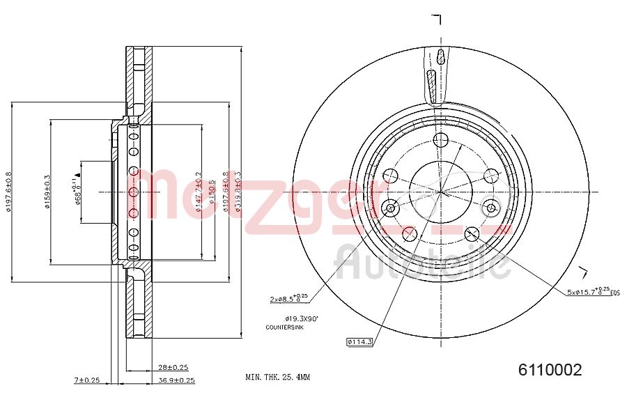 Ilustracja 6110002 METZGER AUTOTEILE tarcza hamulcowa