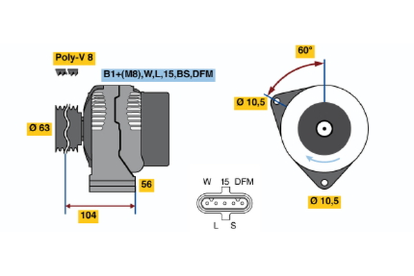 Ilustracja 0 124 655 033 BOSCH alternator