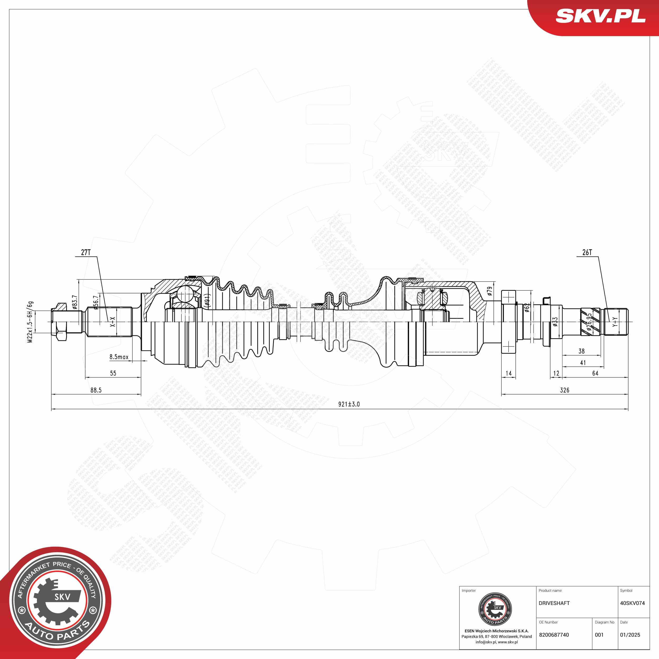 Ilustracja 40SKV074 ESEN SKV półoś napędowa