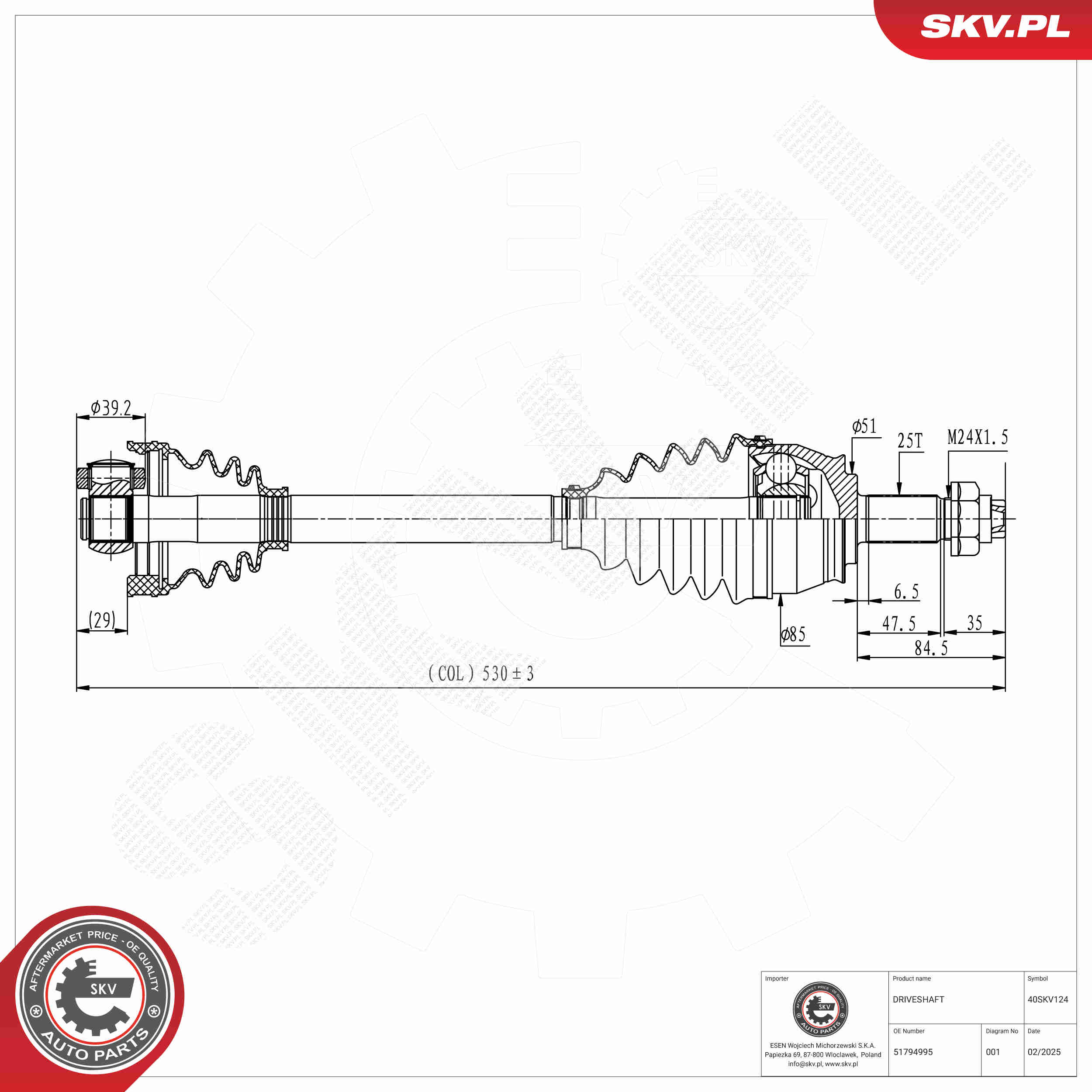 Ilustracja 40SKV124 ESEN SKV półoś napędowa