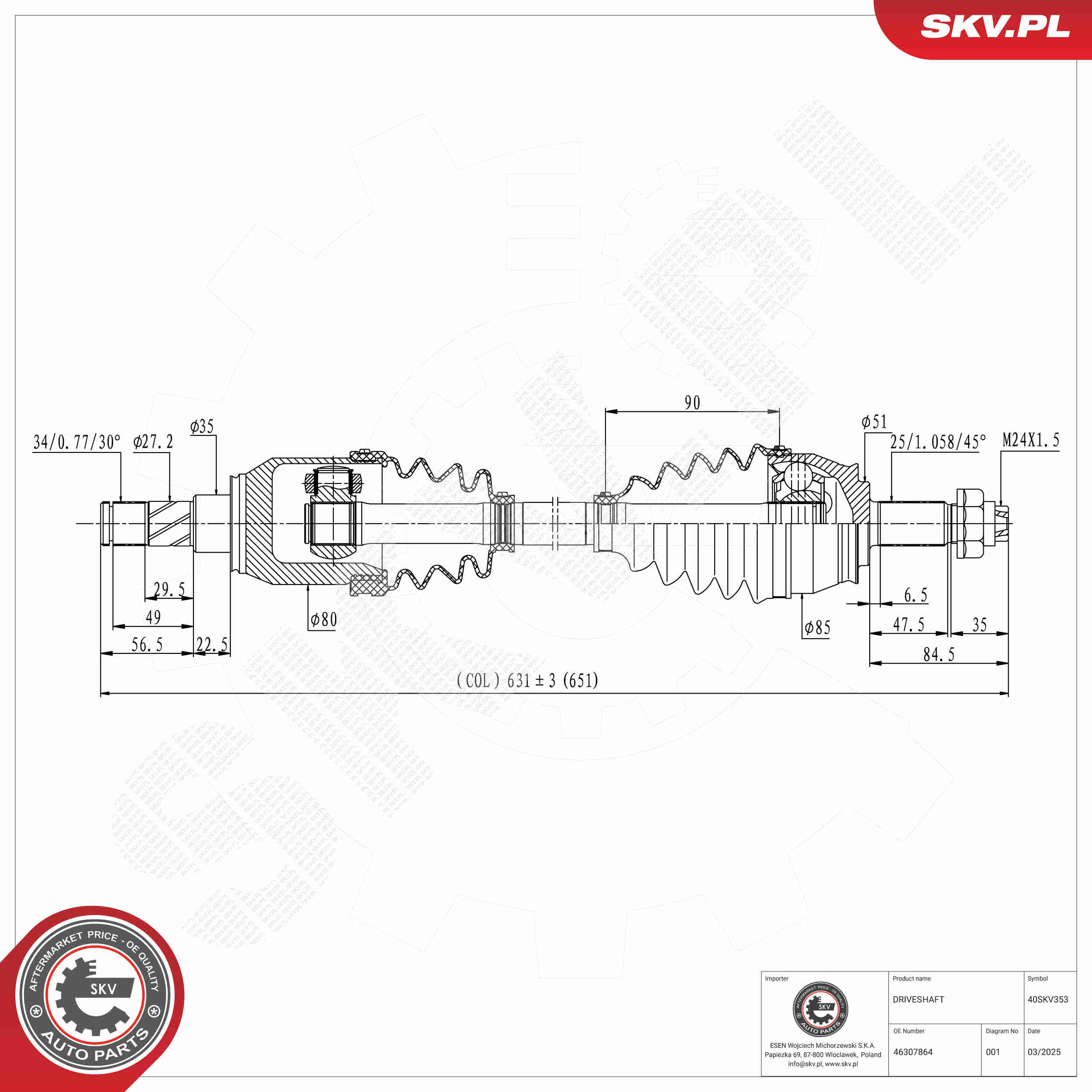 Ilustracja 40SKV353 ESEN SKV półoś napędowa